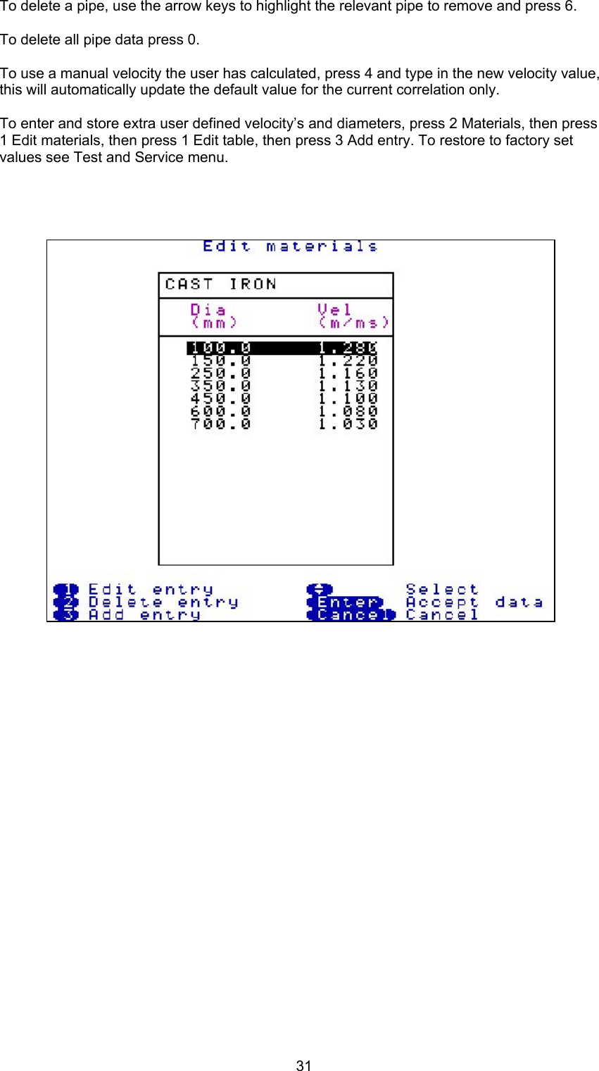 31To delete a pipe, use the arrow keys to highlight the relevant pipe to remove and press 6. To delete all pipe data press 0.To use a manual velocity the user has calculated, press 4 and type in the new velocity value,this will automatically update the default value for the current correlation only.To enter and store extra user defined velocity’s and diameters, press 2 Materials, then press1 Edit materials, then press 1 Edit table, then press 3 Add entry. To restore to factory setvalues see Test and Service menu.