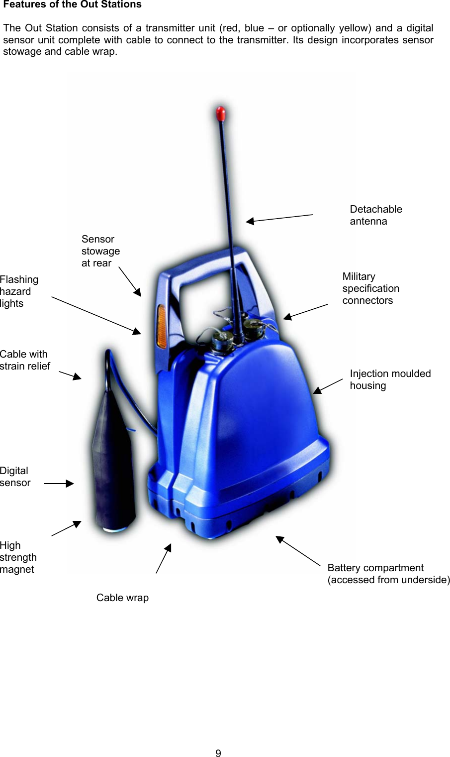 9Features of the Out Stations The Out Station consists of a transmitter unit (red, blue – or optionally yellow) and a digitalsensor unit complete with cable to connect to the transmitter. Its design incorporates sensorstowage and cable wrap.Sensorstowageat rearFlashinghazardlightsCable withstrain reliefDigitalsensorHighstrengthmagnetCable wrapBattery compartment(accessed from underside)Injection mouldedhousingMilitaryspecificationconnectorsDetachableantenna