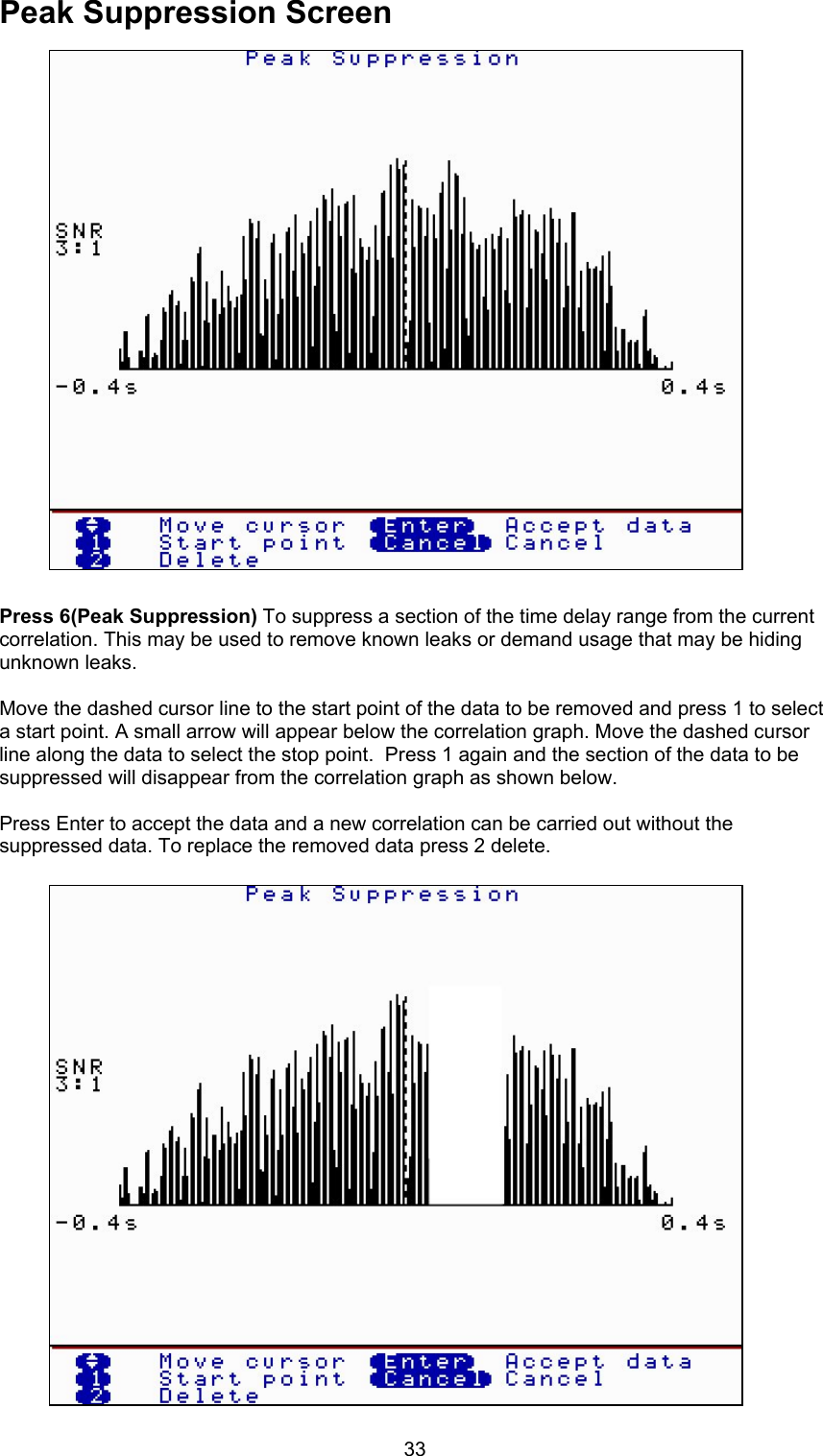 33Peak Suppression ScreenPress 6(Peak Suppression) To suppress a section of the time delay range from the currentcorrelation. This may be used to remove known leaks or demand usage that may be hidingunknown leaks.Move the dashed cursor line to the start point of the data to be removed and press 1 to selecta start point. A small arrow will appear below the correlation graph. Move the dashed cursorline along the data to select the stop point.  Press 1 again and the section of the data to besuppressed will disappear from the correlation graph as shown below.Press Enter to accept the data and a new correlation can be carried out without thesuppressed data. To replace the removed data press 2 delete.