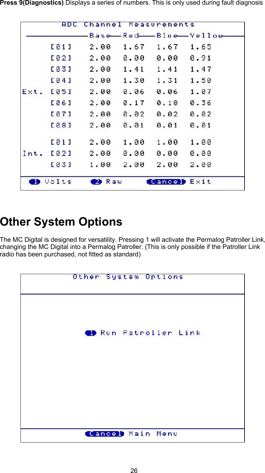 26Press 9(Diagnostics) Displays a series of numbers. This is only used during fault diagnosisOther System OptionsThe MC Digital is designed for versatility. Pressing 1 will activate the Permalog Patroller Link,changing the MC Digital into a Permalog Patroller. (This is only possible if the Patroller Linkradio has been purchased, not fitted as standard)