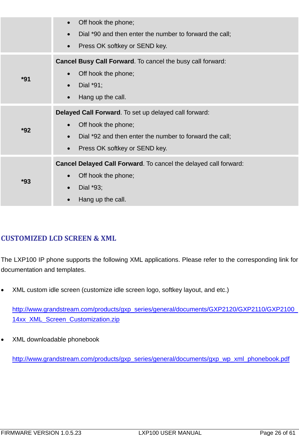   FIRMWARE VERSION 1.0.5.23                    LXP100 USER MANUAL                  Page 26 of 61                                   • Off hook the phone; •  Dial *90 and then enter the number to forward the call; •  Press OK softkey or SEND key. *91 Cancel Busy Call Forward. To cancel the busy call forward: • Off hook the phone; • Dial *91; •  Hang up the call. *92 Delayed Call Forward. To set up delayed call forward: • Off hook the phone; •  Dial *92 and then enter the number to forward the call; •  Press OK softkey or SEND key. *93 Cancel Delayed Call Forward. To cancel the delayed call forward: • Off hook the phone; • Dial *93; •  Hang up the call. CUSTOMIZEDLCDSCREEN&amp;XML The LXP100 IP phone supports the following XML applications. Please refer to the corresponding link for documentation and templates.  •  XML custom idle screen (customize idle screen logo, softkey layout, and etc.)  http://www.grandstream.com/products/gxp_series/general/documents/GXP2120/GXP2110/GXP2100_14xx_XML_Screen_Customization.zip  • XML downloadable phonebook  http://www.grandstream.com/products/gxp_series/general/documents/gxp_wp_xml_phonebook.pdf 