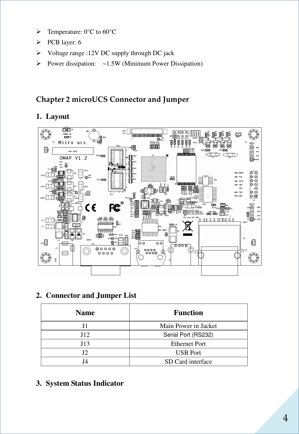  4       Temperature: 0°C to 60°C    PCB layer: 6  Voltage range :12V DC supply through DC jack  Power dissipation:    ~1.5W (Minimum Power Dissipation)  Chapter 2 microUCS Connector and Jumper 1. Layout   2. Connector and Jumper List Name  Function J1  Main Power in Jacket   J12 Serial Port (RS232) J13  Ethernet Port J2  USB Port J4  SD Card interface  3. System Status Indicator 