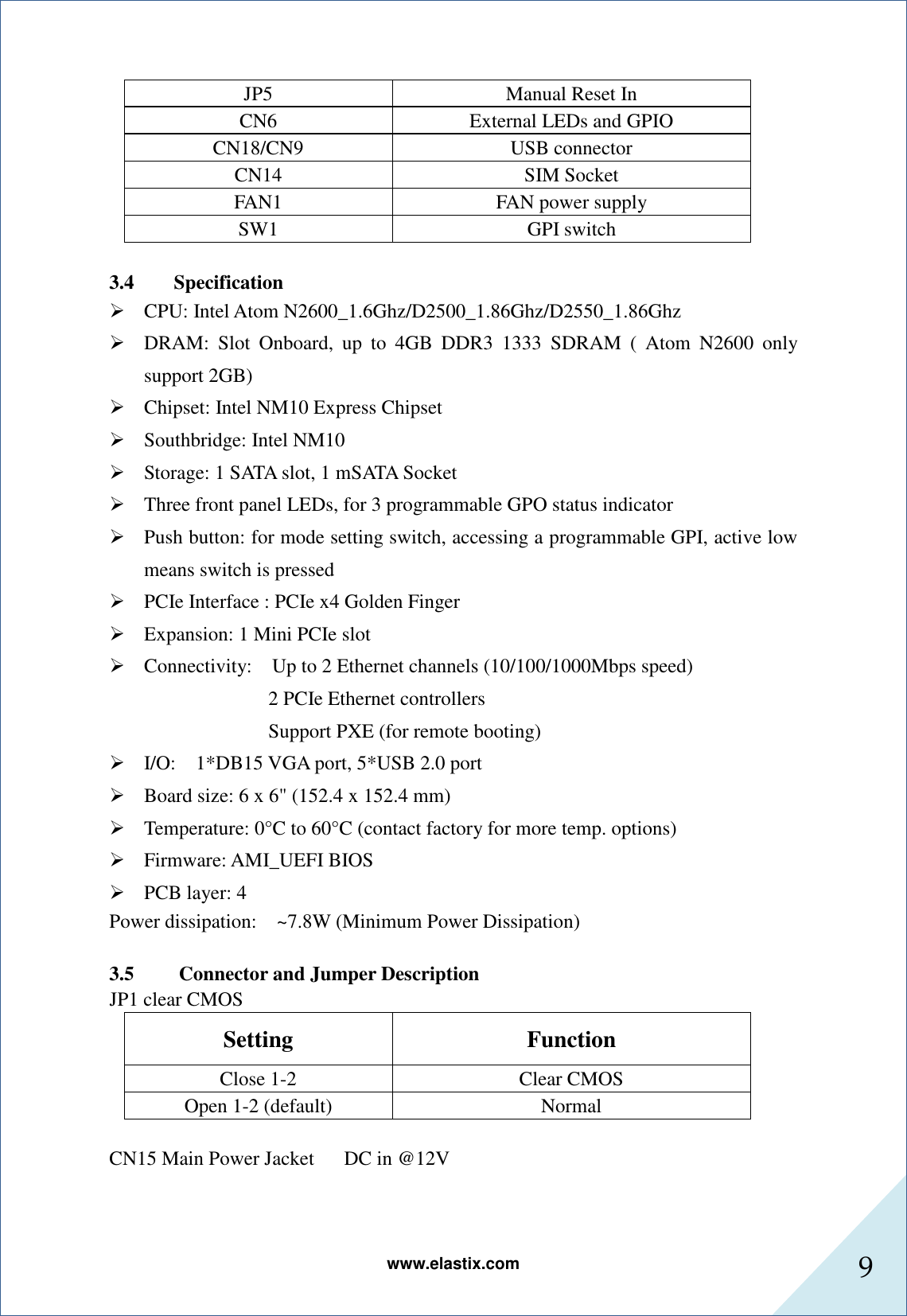 www.elastix.com 9      JP5  Manual Reset In CN6  External LEDs and GPIO CN18/CN9  USB connector CN14  SIM Socket FAN1  FAN power supply SW1  GPI switch  3.4        Specification  CPU: Intel Atom N2600_1.6Ghz/D2500_1.86Ghz/D2550_1.86Ghz  DRAM:  Slot  Onboard,  up  to  4GB  DDR3  1333  SDRAM  (  Atom  N2600  only support 2GB)  Chipset: Intel NM10 Express Chipset  Southbridge: Intel NM10  Storage: 1 SATA slot, 1 mSATA Socket  Three front panel LEDs, for 3 programmable GPO status indicator  Push button: for mode setting switch, accessing a programmable GPI, active low means switch is pressed  PCIe Interface : PCIe x4 Golden Finger  Expansion: 1 Mini PCIe slot  Connectivity:    Up to 2 Ethernet channels (10/100/1000Mbps speed) 2 PCIe Ethernet controllers Support PXE (for remote booting)  I/O:    1*DB15 VGA port, 5*USB 2.0 port  Board size: 6 x 6&quot; (152.4 x 152.4 mm)  Temperature: 0°C to 60°C (contact factory for more temp. options)  Firmware: AMI_UEFI BIOS  PCB layer: 4 Power dissipation:    ~7.8W (Minimum Power Dissipation)    3.5         Connector and Jumper Description JP1 clear CMOS Setting  Function Close 1-2  Clear CMOS Open 1-2 (default)  Normal  CN15 Main Power Jacket      DC in @12V 