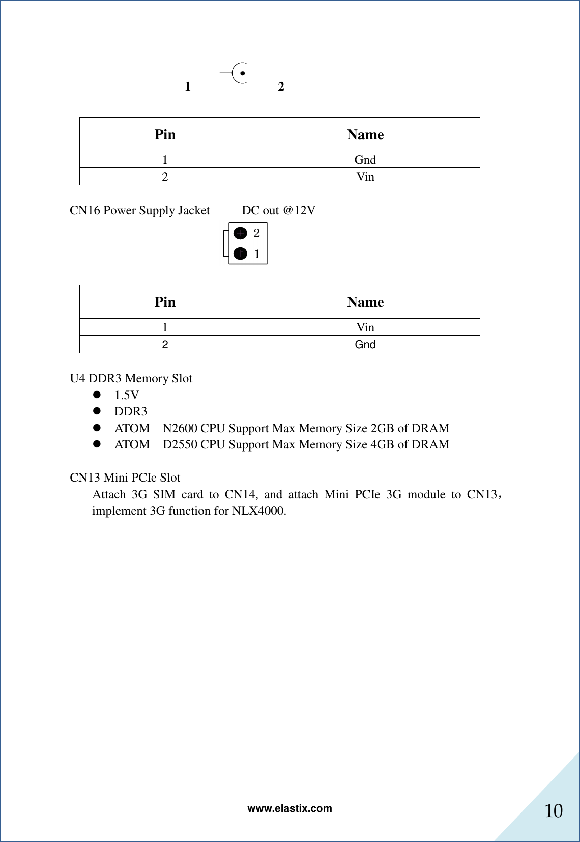 www.elastix.com 10                        1    2  Pin  Name 1  Gnd 2  Vin  CN16 Power Supply Jacket          DC out @12V   Pin  Name 1  Vin 2  Gnd  U4 DDR3 Memory Slot  1.5V  DDR3  ATOM    N2600 CPU Support Max Memory Size 2GB of DRAM  ATOM    D2550 CPU Support Max Memory Size 4GB of DRAM  CN13 Mini PCIe Slot   Attach  3G  SIM  card  to  CN14,  and  attach  Mini  PCIe  3G  module  to  CN13，implement 3G function for NLX4000. 