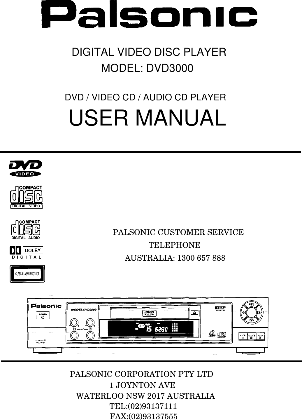 Palsonic Dvd3000 Users Manual