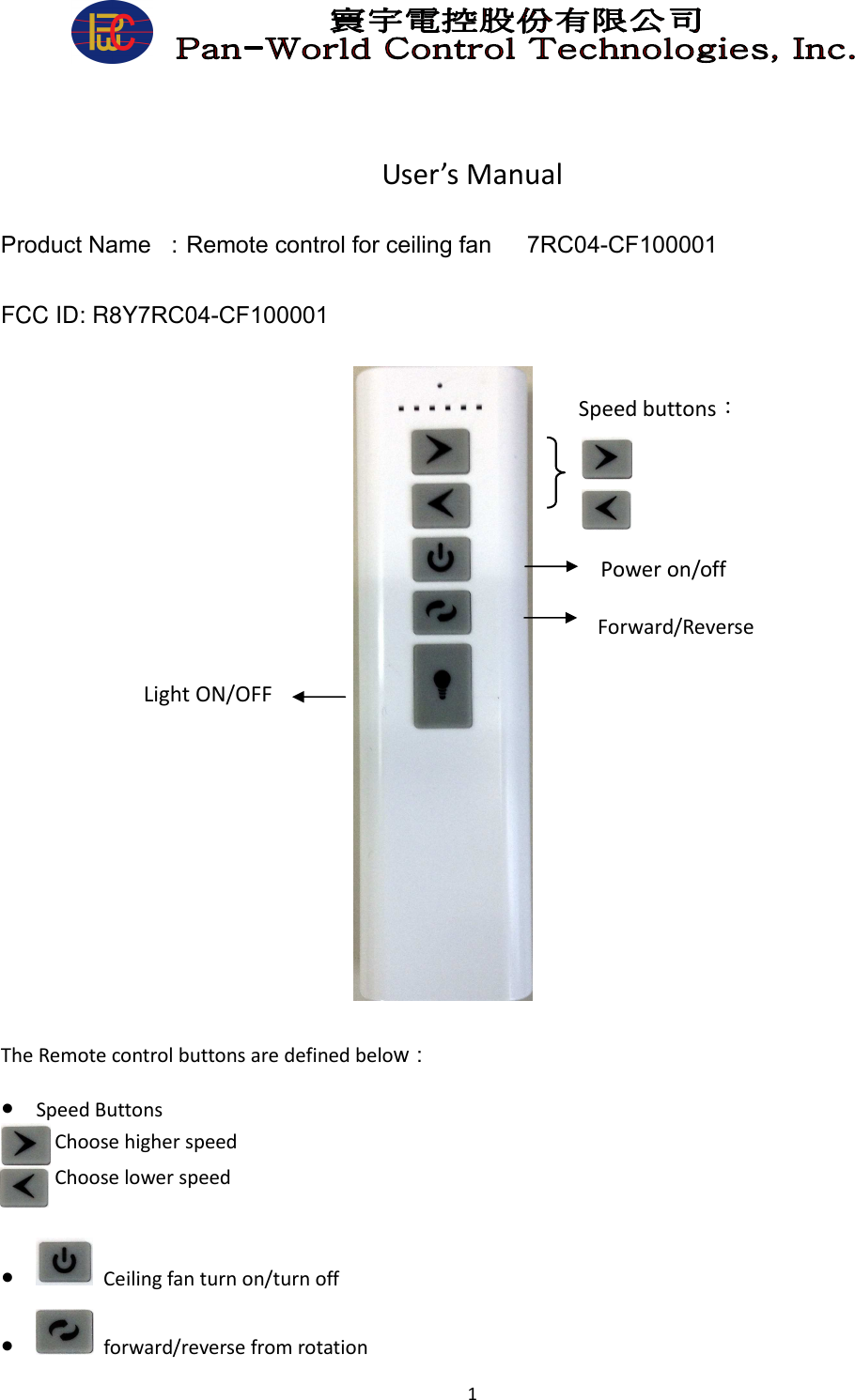 Pan World Control Technologies 7RC04CF100001 Remote control for