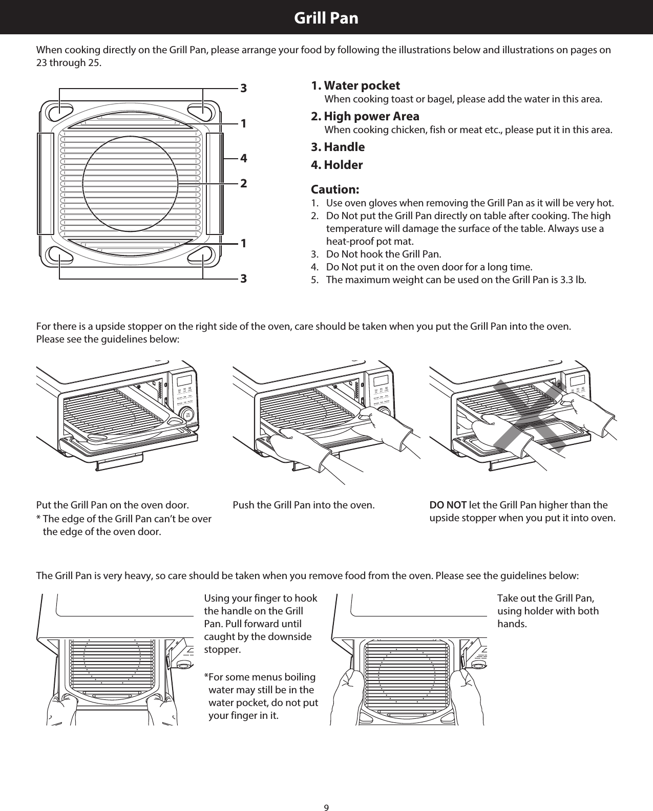 9Grill PanWhen cooking directly on the Grill Pan, please arrange your food by following the illustrations below and illustrations on pages on 23 through 25. 3112341. Water pocketWhen cooking toast or bagel, please add the water in this area.2. High power AreaWhen cooking chicken, fish or meat etc., please put it in this area.3. Handle4. HolderCaution:1.   Use oven gloves when removing the Grill Pan as it will be very hot.2.    Do Not put the Grill Pan directly on table after cooking. The high temperature will damage the surface of the table. Always use a heat-proof pot mat.3.   Do Not hook the Grill Pan.4.   Do Not put it on the oven door for a long time.5.  The maximum weight can be used on the Grill Pan is 3.3 lb.For there is a upside stopper on the right side of the oven, care should be taken when you put the Grill Pan into the oven.  Please see the guidelines below:Put the Grill Pan on the oven door.*  The edge of the Grill Pan can’t be over the edge of the oven door.Push the Grill Pan into the oven. DO NOT let the Grill Pan higher than the upside stopper when you put it into oven.The Grill Pan is very heavy, so care should be taken when you remove food from the oven. Please see the guidelines below:Using your finger to hook the handle on the Grill Pan. Pull forward until caught by the downside stopper.* For some menus boiling water may still be in the water pocket, do not put your finger in it.Take out the Grill Pan, using holder with both hands.