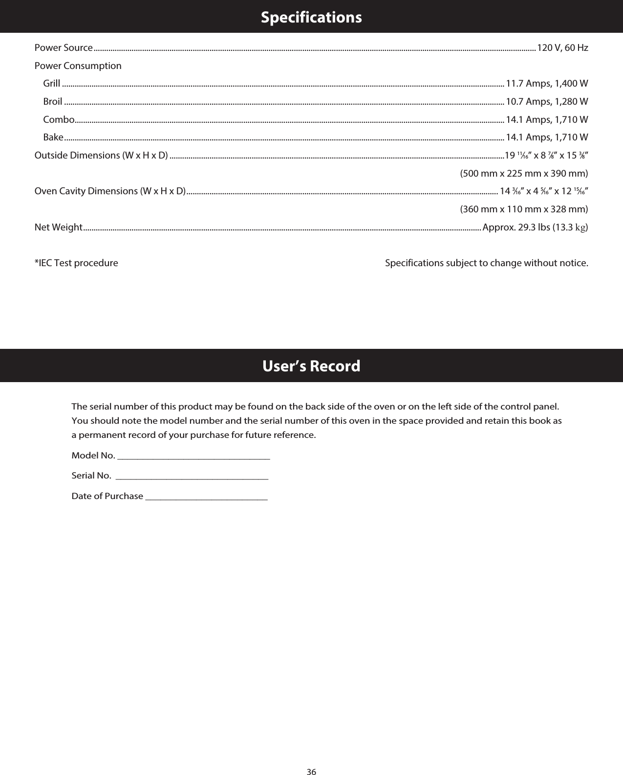 36SpecificationsPower Source .................................................................................................................................................................................................................. 120 V, 60 HzPower ConsumptionGrill .................................................................................................................................................................................................................. 11.7 Amps, 1,400 WBroil ................................................................................................................................................................................................................. 10.7 Amps, 1,280 WCombo ............................................................................................................................................................................................................ 14.1 Amps, 1,710 WBake ................................................................................................................................................................................................................. 14.1 Amps, 1,710 WOutside Dimensions (W x H x D) ...............................................................................................................................................................19 11⁄16” x 8 7⁄8” x 15 3⁄8”  (500 mm x 225 mm x 390 mm)Oven Cavity Dimensions (W x H x D) .................................................................................................................................................... 14 3⁄16” x 4 5⁄16” x 12 15⁄16”   (360 mm x 110 mm x 328 mm)Net Weight .............................................................................................................................................................................................Approx. 29.3 lbs (13.3 kg)*IEC Test procedure  Specifications subject to change without notice.The serial number of this product may be found on the back side of the oven or on the left side of the control panel. You should note the model number and the serial number of this oven in the space provided and retain this book as a permanent record of your purchase for future reference.Model No. ______________________________Serial No.  ______________________________Date of Purchase ________________________User’s Record