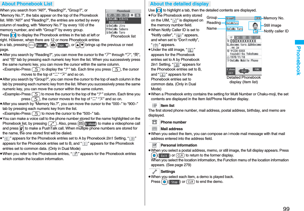 99PhonebookWhen you search from “All?”, “Reading?”, “Group?”, or “Memory No.?”, the tabs appear on the top of the Phonebook list. With “All?” and “Reading?”, the entries are sorted by every column of reading, with “Memory No.?” by every 100 of the memory number, and with “Group?” by every group.Press No to display the Phonebook entries in the tab at left or right. However, when there are 12 or more Phonebook entries in a tab, pressing m(), c(), or <> brings up the previous or next page.pAfter you search by “Reading?”, you can move the cursor to the “ア” through “ワ”, “英”, and “他” tab by pressing each numeric key from the list. When you successively press the same numeric key, you can move the cursor within the same column.<Example>Press 5 to display the “ナ” tab. Each time you press 5, the cursor moves to the top of “ニ” “ヌ” and so on. pAfter you search by “Group?”, you can move the cursor to the top of each column in the tab by pressing each numeric key from the list. When you successively press the same numeric key, you can move the cursor within the same column.<Example>Press 5 to move the cursor to the top of the “ナ” column. Each time you press 5, the cursor moves to the top of “ニ” “ヌ” and so on.pAfter you search by “Memory No.?”, you can move the cursor to the “000~” to “900~” tab by pressing each numeric key from the list.<Example>Press 5 to move the cursor to the “500~” tab. pYou can make a voice call to the phone number stored for the name highlighted on the Phonebook list, by pressing d. Also, press l( ) to make a videophone call and press p to make a PushTalk call. When multiple phone numbers are stored for the name, the one stored first will be dialed.p“ ” appears for the Phonebook entries set to A by Phonebook 2in1 Setting, “ ” appears for the Phonebook entries set to B, and “ ” appears for the Phonebook entries set to common data. (Only in Dual Mode)pWhen you refer to the Phonebook entries, “ ” appears for the Phonebook entries which contain the location information.About Phonebook ListPhonebook listUse No to highlight a tab, then the detailed contents are displayed.pFor the Phonebook entry stored on the UIM, “ ” is displayed on the memory number field.pWhen Notify Caller ID is set to “Notify caller”, “ ” appears, and when set to “Don’t notify”, “ ” appears.pUnder the still image, “ ” appears for the Phonebook entries set to A by Phonebook 2in1 Setting, “ ” appears for the Phonebook entries set to B, and “ ” appears for the Phonebook entries set to common data. (Only in Dual Mode)pWhen a Phonebook entry contains the setting for Multi Number or Chaku-moji, the set contents are displayed in the Item list/Phone Number display.Item listThe first stored phone number, mail address, postal address, birthday, and memo are displayed.Phone numberMail addresspWhen you select the item, you can compose an i-mode mail message with that mail address entered into the address field.Personal informationpWhen you select a postal address, memo, or still image, the full display appears. Press Oo() or r to return to the former display. When you select the location information, the Function menu of the location information appears. (See page 279)SettingspWhen you select each item, a demo is played back.Press Oo() or r to end the demo.About the detailed displayDetailed Phonebook display (Item list)GroupReadingNameMemory No.Still imageNotify caller ID