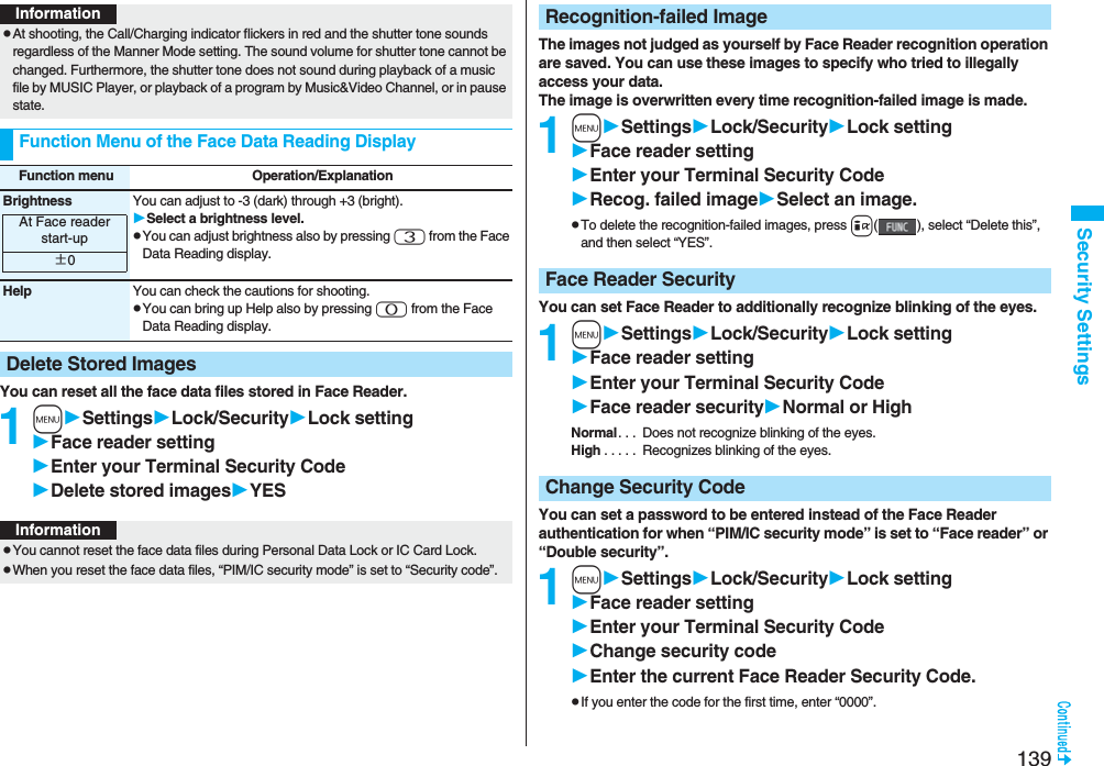 139Security SettingsYou can reset all the face data files stored in Face Reader.1mSettingsLock/SecurityLock settingFace reader setting Enter your Terminal Security CodeDelete stored imagesYESInformationpAt shooting, the Call/Charging indicator flickers in red and the shutter tone sounds regardless of the Manner Mode setting. The sound volume for shutter tone cannot be changed. Furthermore, the shutter tone does not sound during playback of a music file by MUSIC Player, or playback of a program by Music&Video Channel, or in pause state.Function Menu of the Face Data Reading DisplayFunction menu Operation/ExplanationBrightness You can adjust to -3 (dark) through +3 (bright).Select a brightness level.pYou can adjust brightness also by pressing 3 from the Face Data Reading display.Help You can check the cautions for shooting.pYou can bring up Help also by pressing 0 from the Face Data Reading display.Delete Stored ImagesAt Face reader start-up±0InformationpYou cannot reset the face data files during Personal Data Lock or IC Card Lock.pWhen you reset the face data files, “PIM/IC security mode” is set to “Security code”.The images not judged as yourself by Face Reader recognition operation are saved. You can use these images to specify who tried to illegally access your data.The image is overwritten every time recognition-failed image is made.1mSettingsLock/SecurityLock settingFace reader settingEnter your Terminal Security CodeRecog. failed imageSelect an image.pTo delete the recognition-failed images, press i( ), select “Delete this”, and then select “YES”.You can set Face Reader to additionally recognize blinking of the eyes.1mSettingsLock/SecurityLock settingFace reader setting Enter your Terminal Security CodeFace reader securityNormal or HighNormal. . . Does not recognize blinking of the eyes.High . . . . . Recognizes blinking of the eyes.You can set a password to be entered instead of the Face Reader authentication for when “PIM/IC security mode” is set to “Face reader” or “Double security”.1mSettingsLock/SecurityLock settingFace reader settingEnter your Terminal Security CodeChange security codeEnter the current Face Reader Security Code.pIf you enter the code for the first time, enter “0000”.Recognition-failed ImageFace Reader SecurityChange Security Code