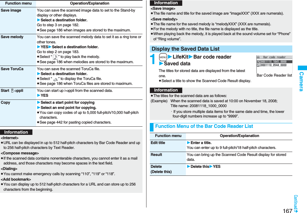 167CameraSave image You can save the scanned image data to set to the Stand-by display or other displays.Select a destination folder.Go to step 3 on page 182.pSee page 186 when images are stored to the maximum.Save melody You can save the scanned melody data to set it as a ring tone or other tones.YESSelect a destination folder.Go to step 2 on page 183.pSelect “ ” to play back the melody.pSee page 186 when melodies are stored to the maximum.Save ToruCa You can save the scanned ToruCa file.Select a destination folder.pSelect “ ” to display the ToruCa file.pSee page 186 when ToruCa files are stored to maximum.Start iαppli You can start up i-αppli from the scanned data.YESCopy Select a start point for copying Select an end point for copying.pYou can copy codes of up to 5,000 full-pitch/10,000 half-pitch characters.pSee page 442 for pasting copied characters.Function menu Operation/ExplanationInformation<Internet>pURL can be displayed in up to 512 half-pitch characters by Bar Code Reader and up to 256 half-pitch characters by Text Reader.<Compose message>pIf the scanned data contains nonenterable characters, you cannot enter it as a mail address, and those characters may become spaces in the text field.<Dialing>pYou cannot make emergency calls by scanning “110”, “119” or “118”.<Add bookmark>pYou can display up to 512 half-pitch characters for a URL and can store up to 256 characters from the beginning.1mLifeKitBar code readerSaved dataThe titles for stored data are displayed from the latest one.pSelect a title to show the Scanned Code Result display.<Save image>pThe file name and title for the saved image are “imageXXX” (XXX are numerals).<Save melody>pThe file name for the saved melody is “melodyXXX” (XXX are numerals).pFor the melody with no title, the file name is displayed as the title.pWhen playing back the melody, it is played back at the sound volume set for “Phone” of “Ring volume”.Display the Saved Data ListInformationBar Code Reader listInformationpThe titles for the scanned data are as follows:(Example) When the scanned data is saved at 10:00 on November 18, 2008;Title name: 20081118_1000_0000・If you store multiple data items for the same date and time, the lower four-digit numbers increase up to “9999”.Function Menu of the Bar Code Reader ListFunction menu Operation/ExplanationEdit title Enter a title.You can enter up to 9 full-pitch/18 half-pitch characters.Result You can bring up the Scanned Code Result display for stored data.Delete(Delete this)Delete thisYES