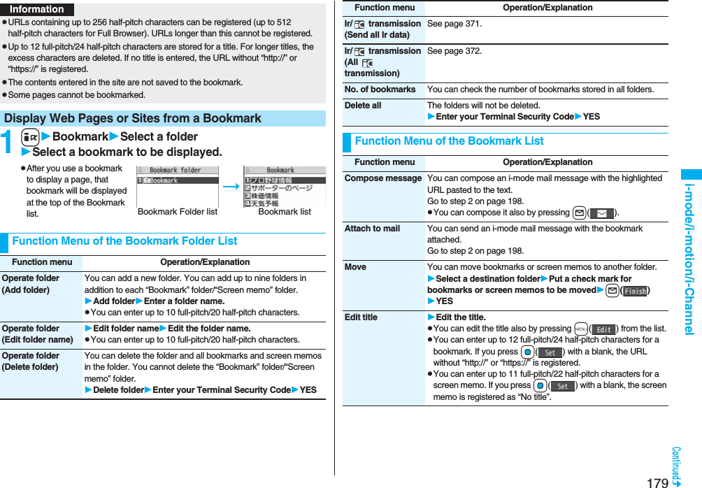 179i-mode/i-motion/i-Channel1iBookmarkSelect a folderSelect a bookmark to be displayed.pAfter you use a bookmark to display a page, that bookmark will be displayed at the top of the Bookmark list.InformationpURLs containing up to 256 half-pitch characters can be registered (up to 512 half-pitch characters for Full Browser). URLs longer than this cannot be registered.pUp to 12 full-pitch/24 half-pitch characters are stored for a title. For longer titles, the excess characters are deleted. If no title is entered, the URL without “http://” or “https://” is registered.pThe contents entered in the site are not saved to the bookmark.pSome pages cannot be bookmarked.Display Web Pages or Sites from a BookmarkBookmark Folder list Bookmark listFunction Menu of the Bookmark Folder ListFunction menu Operation/ExplanationOperate folder(Add folder)You can add a new folder. You can add up to nine folders in addition to each “Bookmark” folder/“Screen memo” folder.Add folderEnter a folder name.pYou can enter up to 10 full-pitch/20 half-pitch characters.Operate folder(Edit folder name)Edit folder nameEdit the folder name.pYou can enter up to 10 full-pitch/20 half-pitch characters.Operate folder(Delete folder)You can delete the folder and all bookmarks and screen memos in the folder. You cannot delete the “Bookmark” folder/“Screen memo” folder.Delete folderEnter your Terminal Security CodeYESIr/ transmission(Send all Ir data)See page 371.Ir/ transmission(All transmission)See page 372.No. of bookmarks You can check the number of bookmarks stored in all folders.Delete all The folders will not be deleted.Enter your Terminal Security CodeYESFunction Menu of the Bookmark ListFunction menu Operation/ExplanationFunction menu Operation/ExplanationCompose message You can compose an i-mode mail message with the highlighted URL pasted to the text.Go to step 2 on page 198.pYou can compose it also by pressing l().Attach to mail You can send an i-mode mail message with the bookmark attached.Go to step 2 on page 198.Move You can move bookmarks or screen memos to another folder.Select a destination folderPut a check mark for bookmarks or screen memos to be movedl()YESEdit title Edit the title.pYou can edit the title also by pressing m( ) from the list.pYou can enter up to 12 full-pitch/24 half-pitch characters for a bookmark. If you press Oo( ) with a blank, the URL without “http://” or “https://” is registered. pYou can enter up to 11 full-pitch/22 half-pitch characters for a screen memo. If you press Oo( ) with a blank, the screen memo is registered as “No title”.