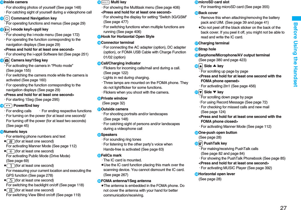 27Before Using the HandsetInside camera・For shooting photos of yourself (See page 148)・For catching sight of yourself during a videophone callo Command Navigation key・For operating functions and menus (See page 29)i i-mode key/i-αppli key・For showing the i-mode menu (See page 172)・For operating the function corresponding to the navigation displays (See page 29)<Press and hold for at least one second>・For showing the i-αppli Software list (See page 251)c Camera key/1Seg key・For activating the camera in “Photo mode” (See page 155)・For switching the camera mode while the camera is activated (See page 160)・For operating the function corresponding to the navigation displays (See page 29)<Press and hold for at least one second>・For starting 1Seg (See page 295)h Power/End key・For ending calls ・For ending respective functions・For turning on the power (for at least one second)/For turning off the power (for at least two seconds) (See page 45)Numeric keys・For entering phone numbers and textps(for at least one second) For activating Manner Mode (See page 112)pa(for at least one second)For activating Public Mode (Drive Mode) (See page 69)p1(for at least one second)For measuring your current location and executing the GPS function (See page 278)p5(for at least one second)For switching the backlight on/off (See page 118)p8(for at least one second)For switching View Blind on/off (See page 119)x Multi key・For showing the Multitask menu (See page 406)<Press and hold for at least one second>・For showing the display for setting “Switch 3G/GSM” (See page 477)・For switching functions when multiple functions are running (See page 406)Hook for Horizontal Open StyleConnector terminal・For connecting the AC adapter (option), DC adapter (option), or FOMA USB Cable with Charge Function 01/02 (option)Call/Charging indicator・Flickers for incoming calls/mail and during a call. (See page 122)・Lights in red during charging.・Three lamps are mounted on the FOMA phone. They do not light/flicker for some functions.・Flickers when you shoot with the camera.Private window (See page 32)Outside camera・For shooting portraits and/or landscapes (See page 148)・For catching sight of persons and/or landscapes during a videophone callSpeakers・For sounding ring tones・For listening to the other party’s voice when Hands-free is activated (See page 63)FeliCa mark・The IC card is mounted.pUse the IC card function placing this mark over the scanning device. You cannot dismount the IC card. (See page 267)FOMA antenna/1Seg antennapThe antenna is embedded in the FOMA phone. Do not cover the antenna with your hand for better communication/receiving.microSD card slot・For inserting microSD card (See page 355)Back cover・Remove this when attaching/removing the battery pack and UIM. (See page 39 and page 41)pDo not peel off the black sticker on the back of the back cover. If you peel it off, you might not be able to read and write the IC card. Charging terminal!Strap hole"Earphone/Microphone/AV output terminal(See page 380 and page 423)#< Side ▲ key・For scrolling up page by page<Press and hold for at least one second with the FOMA phone opened>・For activating 2in1 (See page 456)$> Side ▼ key・For scrolling down page by page・For using Record Message (See page 72)・For checking for missed calls and new mail (See page 124)<Press and hold for at least one second with the FOMA phone closed>・For activating Manner Mode (See page 112)%One-push open button(See page 28)&p PushTalk key・For making/receiving PushTalk calls (See page 82 and page 84)・For showing the PushTalk Phonebook (See page 85)<Press and hold for at least one second>・For activating MUSIC Player (See page 392)'Horizontal open lever(See page 28)