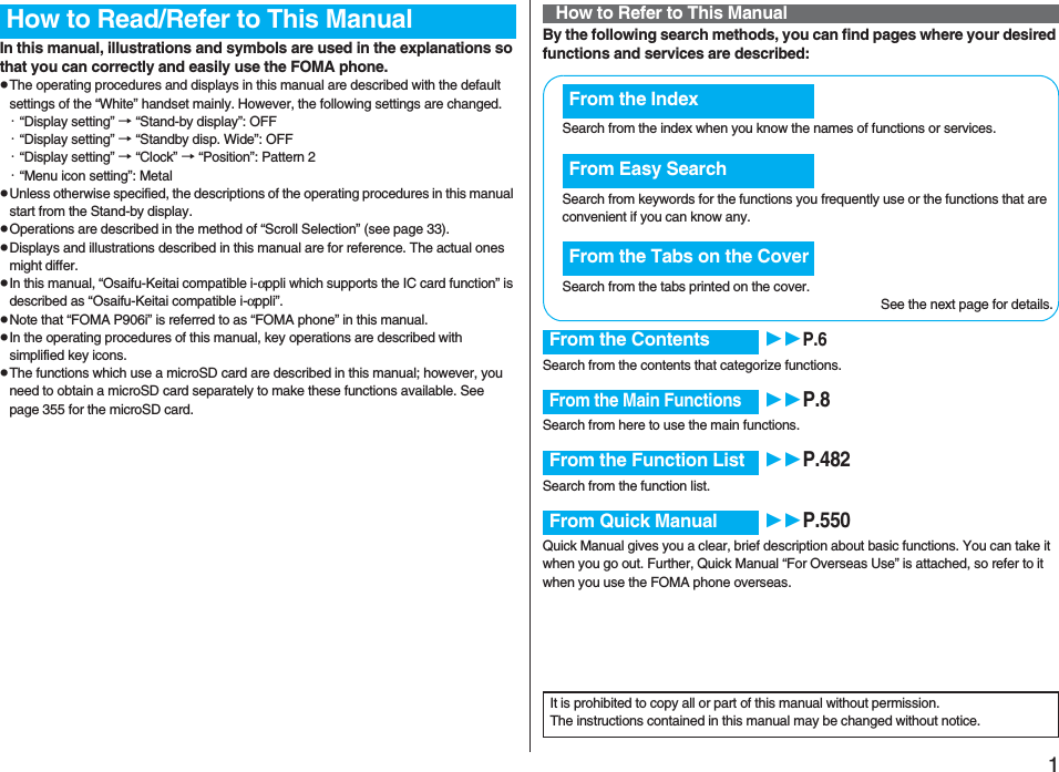 1Easy Search/Contents/PrecautionsEasy Search/ Contents/PrecautionsIn this manual, illustrations and symbols are used in the explanations so that you can correctly and easily use the FOMA phone.pThe operating procedures and displays in this manual are described with the default settings of the “White” handset mainly. However, the following settings are changed.・“Display setting” → “Stand-by display”: OFF・“Display setting” → “Standby disp. Wide”: OFF・“Display setting” → “Clock” → “Position”: Pattern 2・“Menu icon setting”: MetalpUnless otherwise specified, the descriptions of the operating procedures in this manual start from the Stand-by display.pOperations are described in the method of “Scroll Selection” (see page 33).pDisplays and illustrations described in this manual are for reference. The actual ones might differ.pIn this manual, “Osaifu-Keitai compatible i-αppli which supports the IC card function” is described as “Osaifu-Keitai compatible i-αppli”.pNote that “FOMA P906i” is referred to as “FOMA phone” in this manual.pIn the operating procedures of this manual, key operations are described with simplified key icons.pThe functions which use a microSD card are described in this manual; however, you need to obtain a microSD card separately to make these functions available. See page 355 for the microSD card.How to Read/Refer to This Manual By the following search methods, you can find pages where your desired functions and services are described:How to Refer to This ManualSearch from the index when you know the names of functions or services.Search from keywords for the functions you frequently use or the functions that are convenient if you can know any.Search from the tabs printed on the cover.See the next page for details.Search from the contents that categorize functions.Search from here to use the main functions.Search from the function list.Quick Manual gives you a clear, brief description about basic functions. You can take it when you go out. Further, Quick Manual “For Overseas Use” is attached, so refer to it when you use the FOMA phone overseas.From the IndexFrom Easy SearchFrom the Tabs on the CoverFrom the Contents P.6From the Main FunctionsP.8From the Function List P.482From Quick Manual P.550It is prohibited to copy all or part of this manual without permission.The instructions contained in this manual may be changed without notice.