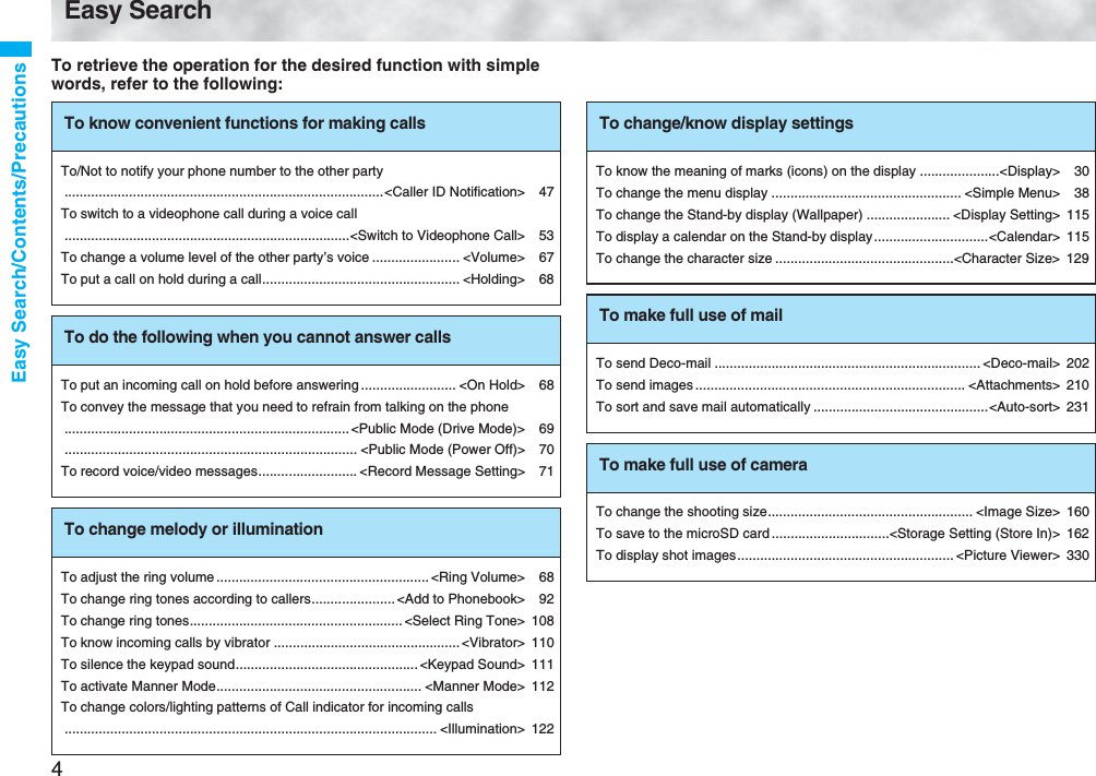 4Easy Search/Contents/PrecautionsEasy SearchTo retrieve the operation for the desired function with simple words, refer to the following:To know convenient functions for making callsTo/Not to notify your phone number to the other party....................................................................................<Caller ID Notification> 47To switch to a videophone call during a voice call...........................................................................<Switch to Videophone Call> 53To change a volume level of the other party’s voice ....................... <Volume> 67To put a call on hold during a call.................................................... <Holding> 68To do the following when you cannot answer callsTo put an incoming call on hold before answering ......................... <On Hold> 68To convey the message that you need to refrain from talking on the phone...........................................................................<Public Mode (Drive Mode)> 69............................................................................. <Public Mode (Power Off)> 70To record voice/video messages.......................... <Record Message Setting> 71To change melody or illuminationTo adjust the ring volume........................................................ <Ring Volume> 68To change ring tones according to callers......................<Add to Phonebook> 92To change ring tones........................................................ <Select Ring Tone> 108To know incoming calls by vibrator ................................................. <Vibrator> 110To silence the keypad sound................................................ <Keypad Sound> 111To activate Manner Mode...................................................... <Manner Mode> 112To change colors/lighting patterns of Call indicator for incoming calls.................................................................................................. <Illumination> 122To change/know display settingsTo know the meaning of marks (icons) on the display .....................<Display> 30To change the menu display .................................................. <Simple Menu> 38To change the Stand-by display (Wallpaper) ...................... <Display Setting> 115To display a calendar on the Stand-by display..............................<Calendar> 115To change the character size ...............................................<Character Size> 129To make full use of mailTo send Deco-mail ...................................................................... <Deco-mail> 202To send images ....................................................................... <Attachments> 210To sort and save mail automatically ..............................................<Auto-sort> 231To make full use of cameraTo change the shooting size...................................................... <Image Size> 160To save to the microSD card ...............................<Storage Setting (Store In)> 162To display shot images......................................................... <Picture Viewer> 330
