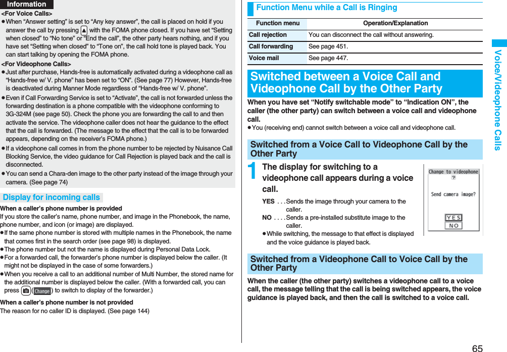 65Voice/Videophone CallsWhen a caller’s phone number is providedIf you store the caller’s name, phone number, and image in the Phonebook, the name, phone number, and icon (or image) are displayed.pIf the same phone number is stored with multiple names in the Phonebook, the name that comes first in the search order (see page 98) is displayed.pThe phone number but not the name is displayed during Personal Data Lock.pFor a forwarded call, the forwarder’s phone number is displayed below the caller. (It might not be displayed in the case of some forwarders.)pWhen you receive a call to an additional number of Multi Number, the stored name for the additional number is displayed below the caller. (With a forwarded call, you can press c( ) to switch to display of the forwarder.) When a caller’s phone number is not providedThe reason for no caller ID is displayed. (See page 144)<For Voice Calls>pWhen “Answer setting” is set to “Any key answer”, the call is placed on hold if you answer the call by pressing .< with the FOMA phone closed. If you have set “Setting when closed” to “No tone” or “End the call”, the other party hears nothing, and if you have set “Setting when closed” to “Tone on”, the call hold tone is played back. You can start talking by opening the FOMA phone.<For Videophone Calls>pJust after purchase, Hands-free is automatically activated during a videophone call as “Hands-free w/ V. phone” has been set to “ON”. (See page 77) However, Hands-free is deactivated during Manner Mode regardless of “Hands-free w/ V. phone”.pEven if Call Forwarding Service is set to “Activate”, the call is not forwarded unless the forwarding destination is a phone compatible with the videophone conforming to 3G-324M (see page 50). Check the phone you are forwarding the call to and then activate the service. The videophone caller does not hear the guidance to the effect that the call is forwarded. (The message to the effect that the call is to be forwarded appears, depending on the receiver’s FOMA phone.)pIf a videophone call comes in from the phone number to be rejected by Nuisance Call Blocking Service, the video guidance for Call Rejection is played back and the call is disconnected.pYou can send a Chara-den image to the other party instead of the image through your camera. (See page 74)Display for incoming callsInformationWhen you have set “Notify switchable mode” to “Indication ON”, the caller (the other party) can switch between a voice call and videophone call. pYou (receiving end) cannot switch between a voice call and videophone call.1The display for switching to a videophone call appears during a voice call.YES . . .Sends the image through your camera to the caller.NO . . . .Sends a pre-installed substitute image to the caller.pWhile switching, the message to that effect is displayed and the voice guidance is played back.When the caller (the other party) switches a videophone call to a voice call, the message telling that the call is being switched appears, the voice guidance is played back, and then the call is switched to a voice call.Function Menu while a Call is RingingFunction menu Operation/ExplanationCall rejection You can disconnect the call without answering.Call forwarding See page 451.Voice mail See page 447.Switched between a Voice Call and Videophone Call by the Other PartySwitched from a Voice Call to Videophone Call by the Other PartySwitched from a Videophone Call to Voice Call by the Other Party