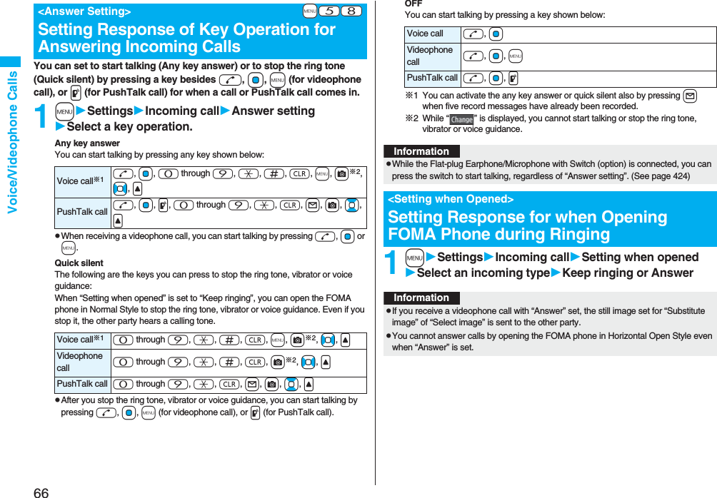 66Voice/Videophone CallsYou can set to start talking (Any key answer) or to stop the ring tone (Quick silent) by pressing a key besides d, Oo, m (for videophone call), or p (for PushTalk call) for when a call or PushTalk call comes in. 1mSettingsIncoming callAnswer settingSelect a key operation.Any key answerYou can start talking by pressing any key shown below:pWhen receiving a videophone call, you can start talking by pressing d, Oo or m.Quick silentThe following are the keys you can press to stop the ring tone, vibrator or voice guidance:When “Setting when opened” is set to “Keep ringing”, you can open the FOMA phone in Normal Style to stop the ring tone, vibrator or voice guidance. Even if you stop it, the other party hears a calling tone. pAfter you stop the ring tone, vibrator or voice guidance, you can start talking by pressing d, Oo, m (for videophone call), or p (for PushTalk call).+m-5-8<Answer Setting>Setting Response of Key Operation for Answering Incoming CallsVoice call※1d, Oo, 0 through 9, a, s, r, m, c※2, No, <PushTalk call d, Oo, p, 0 through 9, a, r, l, c, Bo, <Voice call※10 through 9, a, s, r, m, c※2, No, <Videophone call 0 through 9, a, s, r, c※2, No, <PushTalk call 0 through 9, a, r, l, c, Bo, <OFFYou can start talking by pressing a key shown below:※1 You can activate the any key answer or quick silent also by pressing l when five record messages have already been recorded.※2 While “ ” is displayed, you cannot start talking or stop the ring tone, vibrator or voice guidance. 1mSettingsIncoming callSetting when openedSelect an incoming typeKeep ringing or AnswerVoice call d, OoVideophone call d, Oo, mPushTalk call d, Oo, pInformationpWhile the Flat-plug Earphone/Microphone with Switch (option) is connected, you can press the switch to start talking, regardless of “Answer setting”. (See page 424)<Setting when Opened>Setting Response for when Opening FOMA Phone during RingingInformationpIf you receive a videophone call with “Answer” set, the still image set for “Substitute image” of “Select image” is sent to the other party.pYou cannot answer calls by opening the FOMA phone in Horizontal Open Style even when “Answer” is set.