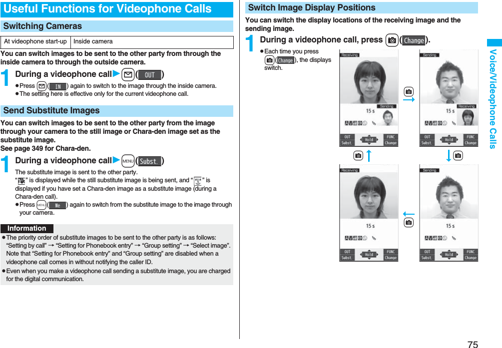 75Voice/Videophone CallsYou can switch images to be sent to the other party from through the inside camera to through the outside camera.1During a videophone calll()pPress l( ) again to switch to the image through the inside camera.pThe setting here is effective only for the current videophone call.You can switch images to be sent to the other party from the image through your camera to the still image or Chara-den image set as the substitute image.See page 349 for Chara-den.1During a videophone callm()The substitute image is sent to the other party.“ ” is displayed while the still substitute image is being sent, and “ ” is displayed if you have set a Chara-den image as a substitute image (during a Chara-den call).pPress m( ) again to switch from the substitute image to the image through your camera.Useful Functions for Videophone CallsSwitching CamerasAt videophone start-up Inside cameraSend Substitute ImagesInformationpThe priority order of substitute images to be sent to the other party is as follows: “Setting by call” → “Setting for Phonebook entry” → “Group setting” → “Select image”. Note that “Setting for Phonebook entry” and “Group setting” are disabled when a videophone call comes in without notifying the caller ID.pEven when you make a videophone call sending a substitute image, you are charged for the digital communication.You can switch the display locations of the receiving image and the sending image.1During a videophone call, pressc().pEach time you press c( ), the displays switch.Switch Image Display Positions+cc+cc