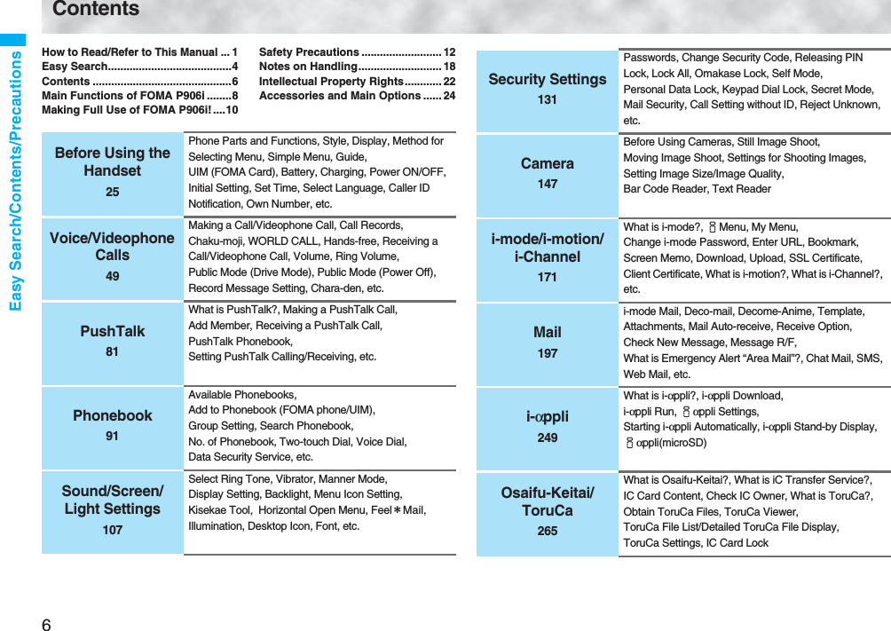 6Easy Search/Contents/PrecautionsContentsHow to Read/Refer to This Manual ... 1Easy Search........................................4Contents .............................................6Main Functions of FOMA P906i ........8Making Full Use of FOMA P906i!....10Safety Precautions .......................... 12Notes on Handling........................... 18Intellectual Property Rights............ 22Accessories and Main Options ...... 24Before Using the Handset25Phone Parts and Functions, Style, Display, Method for Selecting Menu, Simple Menu, Guide, UIM (FOMA Card), Battery, Charging, Power ON/OFF, Initial Setting, Set Time, Select Language, Caller ID Notification, Own Number, etc.Voice/Videophone Calls49Making a Call/Videophone Call, Call Records, Chaku-moji, WORLD CALL, Hands-free, Receiving a Call/Videophone Call, Volume, Ring Volume, Public Mode (Drive Mode), Public Mode (Power Off), Record Message Setting, Chara-den, etc.PushTalk81What is PushTalk?, Making a PushTalk Call, Add Member, Receiving a PushTalk Call, PushTalk Phonebook, Setting PushTalk Calling/Receiving, etc.Phonebook91Available Phonebooks, Add to Phonebook (FOMA phone/UIM), Group Setting, Search Phonebook, No. of Phonebook, Two-touch Dial, Voice Dial, Data Security Service, etc.Sound/Screen/Light Settings107Select Ring Tone, Vibrator, Manner Mode, Display Setting, Backlight, Menu Icon Setting, Kisekae Tool, Horizontal Open Menu, Feel*Mail, Illumination, Desktop Icon, Font, etc.Security Settings131Passwords, Change Security Code, Releasing PIN Lock, Lock All, Omakase Lock, Self Mode, Personal Data Lock, Keypad Dial Lock, Secret Mode, Mail Security, Call Setting without ID, Reject Unknown, etc.Camera147Before Using Cameras, Still Image Shoot, Moving Image Shoot, Settings for Shooting Images, Setting Image Size/Image Quality, Bar Code Reader, Text Readeri-mode/i-motion/i-Channel171What is i-mode?, iMenu, My Menu, Change i-mode Password, Enter URL, Bookmark, Screen Memo, Download, Upload, SSL Certificate, Client Certificate, What is i-motion?, What is i-Channel?, etc.Mail197i-mode Mail, Deco-mail, Decome-Anime, Template, Attachments, Mail Auto-receive, Receive Option, Check New Message, Message R/F, What is Emergency Alert “Area Mail”?, Chat Mail, SMS, Web Mail, etc.i-αppli249What is i-αppli?, i-αppli Download, i-αppli Run, iαppli Settings, Starting i-αppli Automatically, i-αppli Stand-by Display, iαppli(microSD)Osaifu-Keitai/ToruCa265What is Osaifu-Keitai?, What is iC Transfer Service?, IC Card Content, Check IC Owner, What is ToruCa?, Obtain ToruCa Files, ToruCa Viewer, ToruCa File List/Detailed ToruCa File Display, ToruCa Settings, IC Card Lock