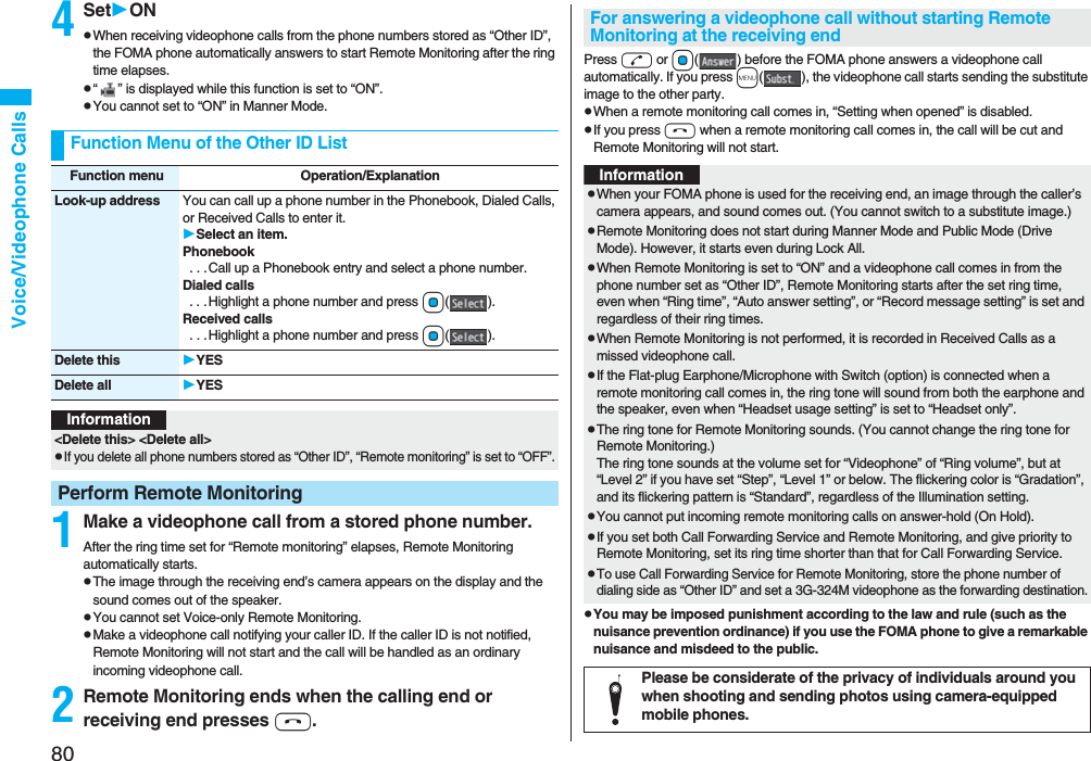 80Voice/Videophone Calls4SetONpWhen receiving videophone calls from the phone numbers stored as “Other ID”, the FOMA phone automatically answers to start Remote Monitoring after the ring time elapses.p“ ” is displayed while this function is set to “ON”.pYou cannot set to “ON” in Manner Mode.1Make a videophone call from a stored phone number.After the ring time set for “Remote monitoring” elapses, Remote Monitoring automatically starts.pThe image through the receiving end’s camera appears on the display and the sound comes out of the speaker.pYou cannot set Voice-only Remote Monitoring.pMake a videophone call notifying your caller ID. If the caller ID is not notified, Remote Monitoring will not start and the call will be handled as an ordinary incoming videophone call.2Remote Monitoring ends when the calling end or receiving end presses h.Function Menu of the Other ID ListFunction menu Operation/ExplanationLook-up address You can call up a phone number in the Phonebook, Dialed Calls, or Received Calls to enter it.Select an item.Phonebook . . .Call up a Phonebook entry and select a phone number.Dialed calls . . .Highlight a phone number and press Oo().Received calls . . .Highlight a phone number and press Oo().Delete this YESDelete all YESInformation<Delete this> <Delete all>pIf you delete all phone numbers stored as “Other ID”, “Remote monitoring” is set to “OFF”.Perform Remote MonitoringPress d or Oo( ) before the FOMA phone answers a videophone call automatically. If you press m( ), the videophone call starts sending the substitute image to the other party.pWhen a remote monitoring call comes in, “Setting when opened” is disabled.pIf you press h when a remote monitoring call comes in, the call will be cut and Remote Monitoring will not start.pYou may be imposed punishment according to the law and rule (such as the nuisance prevention ordinance) if you use the FOMA phone to give a remarkable nuisance and misdeed to the public.For answering a videophone call without starting Remote Monitoring at the receiving endInformationpWhen your FOMA phone is used for the receiving end, an image through the caller’s camera appears, and sound comes out. (You cannot switch to a substitute image.)pRemote Monitoring does not start during Manner Mode and Public Mode (Drive Mode). However, it starts even during Lock All.pWhen Remote Monitoring is set to “ON” and a videophone call comes in from the phone number set as “Other ID”, Remote Monitoring starts after the set ring time, even when “Ring time”, “Auto answer setting”, or “Record message setting” is set and regardless of their ring times.pWhen Remote Monitoring is not performed, it is recorded in Received Calls as a missed videophone call.pIf the Flat-plug Earphone/Microphone with Switch (option) is connected when a remote monitoring call comes in, the ring tone will sound from both the earphone and the speaker, even when “Headset usage setting” is set to “Headset only”.pThe ring tone for Remote Monitoring sounds. (You cannot change the ring tone for Remote Monitoring.)The ring tone sounds at the volume set for “Videophone” of “Ring volume”, but at “Level 2” if you have set “Step”, “Level 1” or below. The flickering color is “Gradation”, and its flickering pattern is “Standard”, regardless of the Illumination setting.pYou cannot put incoming remote monitoring calls on answer-hold (On Hold).pIf you set both Call Forwarding Service and Remote Monitoring, and give priority to Remote Monitoring, set its ring time shorter than that for Call Forwarding Service.pTo use Call Forwarding Service for Remote Monitoring, store the phone number of dialing side as “Other ID” and set a 3G-324M videophone as the forwarding destination.Please be considerate of the privacy of individuals around you when shooting and sending photos using camera-equipped mobile phones.