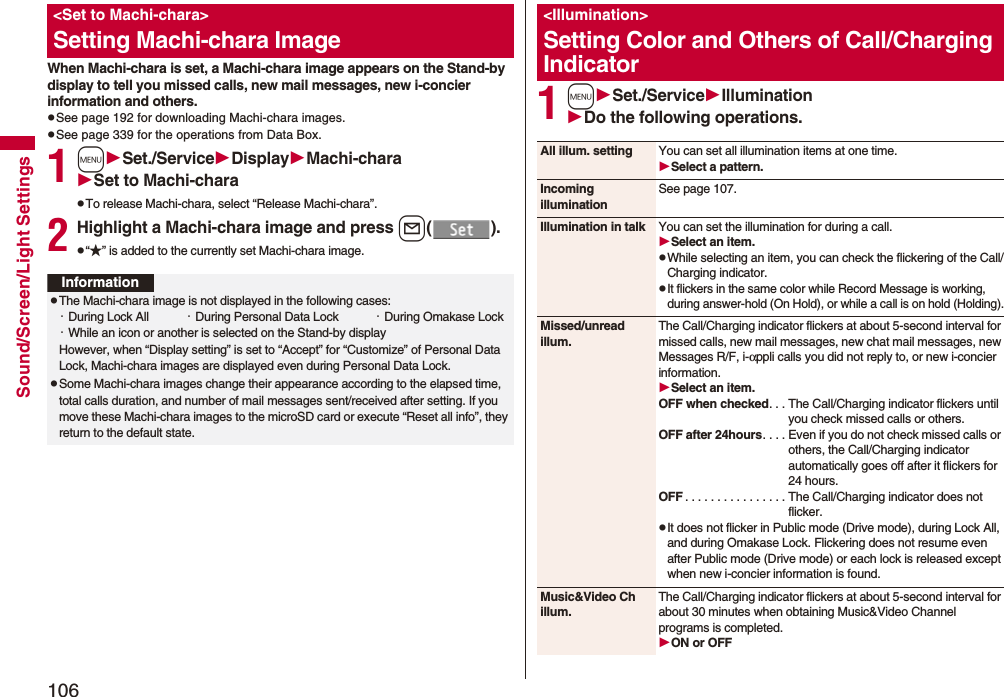 106Sound/Screen/Light SettingsWhen Machi-chara is set, a Machi-chara image appears on the Stand-by display to tell you missed calls, new mail messages, new i-concier information and others.pSee page 192 for downloading Machi-chara images.pSee page 339 for the operations from Data Box.1mSet./ServiceDisplayMachi-charaSet to Machi-charapTo release Machi-chara, select “Release Machi-chara”.2Highlight a Machi-chara image and press l().p“★” is added to the currently set Machi-chara image.<Set to Machi-chara>Setting Machi-chara ImageInformationpThe Machi-chara image is not displayed in the following cases:・During Lock All ・During Personal Data Lock ・During Omakase Lock・While an icon or another is selected on the Stand-by displayHowever, when “Display setting” is set to “Accept” for “Customize” of Personal Data Lock, Machi-chara images are displayed even during Personal Data Lock.pSome Machi-chara images change their appearance according to the elapsed time, total calls duration, and number of mail messages sent/received after setting. If you move these Machi-chara images to the microSD card or execute “Reset all info”, they return to the default state.1mSet./ServiceIlluminationDo the following operations.<Illumination>Setting Color and Others of Call/Charging IndicatorAll illum. setting You can set all illumination items at one time.Select a pattern.Incoming illuminationSee page 107.Illumination in talk You can set the illumination for during a call.Select an item.pWhile selecting an item, you can check the flickering of the Call/Charging indicator.pIt flickers in the same color while Record Message is working, during answer-hold (On Hold), or while a call is on hold (Holding).Missed/unread illum.The Call/Charging indicator flickers at about 5-second interval for missed calls, new mail messages, new chat mail messages, new Messages R/F, i-αppli calls you did not reply to, or new i-concier information.Select an item.OFF when checked. . . The Call/Charging indicator flickers until you check missed calls or others.OFF after 24hours. . . . Even if you do not check missed calls or others, the Call/Charging indicator automatically goes off after it flickers for 24 hours.OFF . . . . . . . . . . . . . . . . The Call/Charging indicator does not flicker.pIt does not flicker in Public mode (Drive mode), during Lock All, and during Omakase Lock. Flickering does not resume even after Public mode (Drive mode) or each lock is released except when new i-concier information is found.Music&Video Ch illum.The Call/Charging indicator flickers at about 5-second interval for about 30 minutes when obtaining Music&Video Channel programs is completed.ON or OFF