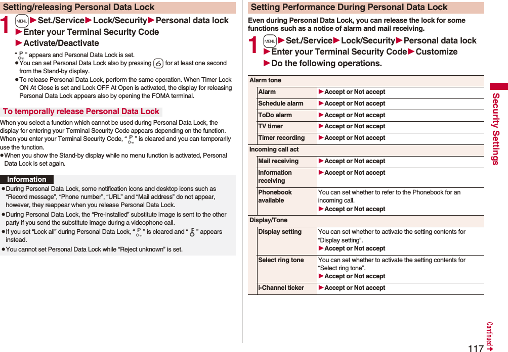 117Security Settings1mSet./ServiceLock/SecurityPersonal data lockEnter your Terminal Security CodeActivate/Deactivate“ ” appears and Personal Data Lock is set.pYou can set Personal Data Lock also by pressing 6 for at least one second from the Stand-by display.pTo release Personal Data Lock, perform the same operation. When Timer Lock ON At Close is set and Lock OFF At Open is activated, the display for releasing Personal Data Lock appears also by opening the FOMA terminal.When you select a function which cannot be used during Personal Data Lock, the display for entering your Terminal Security Code appears depending on the function. When you enter your Terminal Security Code, “ ” is cleared and you can temporarily use the function.pWhen you show the Stand-by display while no menu function is activated, Personal Data Lock is set again.Setting/releasing Personal Data LockTo temporally release Personal Data LockInformationpDuring Personal Data Lock, some notification icons and desktop icons such as “Record message”, “Phone number”, “URL” and “Mail address” do not appear, however, they reappear when you release Personal Data Lock.pDuring Personal Data Lock, the “Pre-installed” substitute image is sent to the other party if you send the substitute image during a videophone call.pIf you set “Lock all” during Personal Data Lock, “ ” is cleared and “ ” appears instead.pYou cannot set Personal Data Lock while “Reject unknown” is set.Even during Personal Data Lock, you can release the lock for some functions such as a notice of alarm and mail receiving.1mSet./ServiceLock/SecurityPersonal data lockEnter your Terminal Security CodeCustomizeDo the following operations.Setting Performance During Personal Data LockAlarm toneAlarm Accept or Not acceptSchedule alarm Accept or Not acceptToDo alarm Accept or Not acceptTV timer Accept or Not acceptTimer recording Accept or Not acceptIncoming call actMail receiving Accept or Not acceptInformation receivingAccept or Not acceptPhonebook availableYou can set whether to refer to the Phonebook for an incoming call.Accept or Not acceptDisplay/ToneDisplay setting You can set whether to activate the setting contents for “Display setting”.Accept or Not acceptSelect ring tone You can set whether to activate the setting contents for “Select ring tone”.Accept or Not accepti-Channel ticker Accept or Not accept