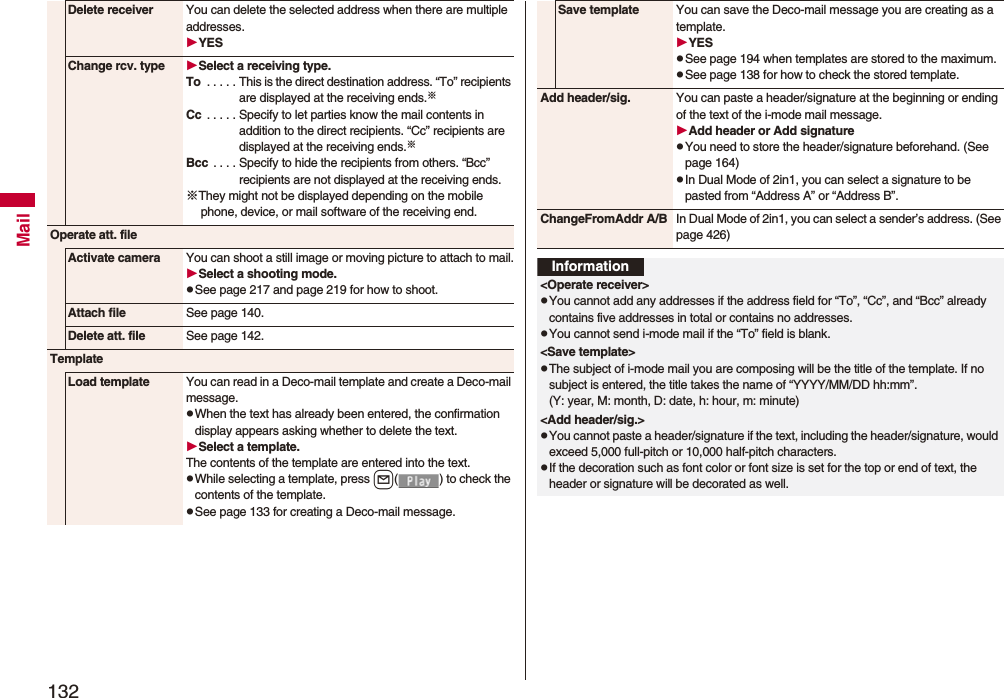 132MailDelete receiver You can delete the selected address when there are multiple addresses.YESChange rcv. type Select a receiving type.To . . . . . This is the direct destination address. “To” recipients are displayed at the receiving ends.※Cc . . . . . Specify to let parties know the mail contents in addition to the direct recipients. “Cc” recipients are displayed at the receiving ends.※Bcc . . . . Specify to hide the recipients from others. “Bcc” recipients are not displayed at the receiving ends.※They might not be displayed depending on the mobile phone, device, or mail software of the receiving end.Operate att. fileActivate camera You can shoot a still image or moving picture to attach to mail.Select a shooting mode.pSee page 217 and page 219 for how to shoot.Attach file See page 140.Delete att. file See page 142.TemplateLoad template You can read in a Deco-mail template and create a Deco-mail message.pWhen the text has already been entered, the confirmation display appears asking whether to delete the text.Select a template.The contents of the template are entered into the text.pWhile selecting a template, press l( ) to check the contents of the template.pSee page 133 for creating a Deco-mail message.Save template You can save the Deco-mail message you are creating as a template.YESpSee page 194 when templates are stored to the maximum.pSee page 138 for how to check the stored template.Add header/sig. You can paste a header/signature at the beginning or ending of the text of the i-mode mail message.Add header or Add signaturepYou need to store the header/signature beforehand. (See page 164)pIn Dual Mode of 2in1, you can select a signature to be pasted from “Address A” or “Address B”.ChangeFromAddr A/B In Dual Mode of 2in1, you can select a sender’s address. (See page 426)Information<Operate receiver>pYou cannot add any addresses if the address field for “To”, “Cc”, and “Bcc” already contains five addresses in total or contains no addresses.pYou cannot send i-mode mail if the “To” field is blank.<Save template>pThe subject of i-mode mail you are composing will be the title of the template. If no subject is entered, the title takes the name of “YYYY/MM/DD hh:mm”.(Y: year, M: month, D: date, h: hour, m: minute)<Add header/sig.>pYou cannot paste a header/signature if the text, including the header/signature, would exceed 5,000 full-pitch or 10,000 half-pitch characters.pIf the decoration such as font color or font size is set for the top or end of text, the header or signature will be decorated as well.