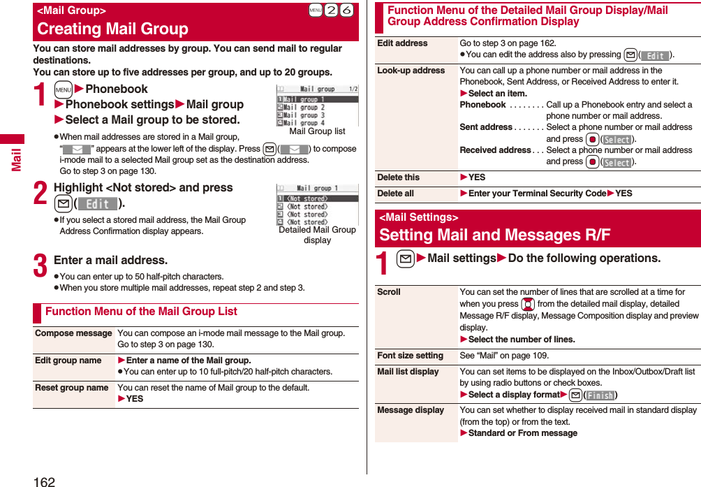 162MailYou can store mail addresses by group. You can send mail to regular destinations.You can store up to five addresses per group, and up to 20 groups.1mPhonebookPhonebook settingsMail groupSelect a Mail group to be stored.pWhen mail addresses are stored in a Mail group, “ ” appears at the lower left of the display. Press l() to compose i-mode mail to a selected Mail group set as the destination address.Go to step 3 on page 130.2Highlight <Not stored> and pressl().pIf you select a stored mail address, the Mail Group Address Confirmation display appears.3Enter a mail address.pYou can enter up to 50 half-pitch characters.pWhen you store multiple mail addresses, repeat step 2 and step 3.+m-2-6 <Mail Group>Creating Mail GroupMail Group listDetailed Mail Group displayFunction Menu of the Mail Group ListCompose message You can compose an i-mode mail message to the Mail group.Go to step 3 on page 130.Edit group name Enter a name of the Mail group.pYou can enter up to 10 full-pitch/20 half-pitch characters.Reset group name You can reset the name of Mail group to the default.YES1lMail settingsDo the following operations.Function Menu of the Detailed Mail Group Display/Mail Group Address Confirmation DisplayEdit address Go to step 3 on page 162.pYou can edit the address also by pressing l().Look-up address You can call up a phone number or mail address in the Phonebook, Sent Address, or Received Address to enter it.Select an item.Phonebook . . . . . . . . Call up a Phonebook entry and select a phone number or mail address.Sent address . . . . . . . Select a phone number or mail address and press Oo().Received address . . . Select a phone number or mail address and press Oo().Delete this YESDelete all Enter your Terminal Security CodeYES<Mail Settings>Setting Mail and Messages R/FScroll You can set the number of lines that are scrolled at a time for when you press Bo from the detailed mail display, detailed Message R/F display, Message Composition display and preview display.Select the number of lines.Font size setting See “Mail” on page 109.Mail list display You can set items to be displayed on the Inbox/Outbox/Draft list by using radio buttons or check boxes.Select a display formatl()Message display You can set whether to display received mail in standard display (from the top) or from the text.Standard or From message
