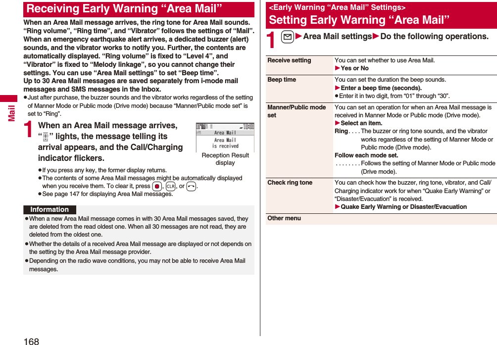 168MailWhen an Area Mail message arrives, the ring tone for Area Mail sounds. “Ring volume”, “Ring time”, and “Vibrator” follows the settings of “Mail”.When an emergency earthquake alert arrives, a dedicated buzzer (alert) sounds, and the vibrator works to notify you. Further, the contents are automatically displayed. “Ring volume” is fixed to “Level 4”, and “Vibrator” is fixed to “Melody linkage”, so you cannot change their settings. You can use “Area Mail settings” to set “Beep time”.Up to 30 Area Mail messages are saved separately from i-mode mail messages and SMS messages in the Inbox.pJust after purchase, the buzzer sounds and the vibrator works regardless of the setting of Manner Mode or Public mode (Drive mode) because “Manner/Public mode set” is set to “Ring”.1When an Area Mail message arrives, “ ” lights, the message telling its arrival appears, and the Call/Charging indicator flickers.pIf you press any key, the former display returns. pThe contents of some Area Mail messages might be automatically displayed when you receive them. To clear it, press Oo, r, or h.pSee page 147 for displaying Area Mail messages.Receiving Early Warning “Area Mail”Reception Result displayInformationpWhen a new Area Mail message comes in with 30 Area Mail messages saved, they are deleted from the read oldest one. When all 30 messages are not read, they are deleted from the oldest one.pWhether the details of a received Area Mail message are displayed or not depends on the setting by the Area Mail message provider.pDepending on the radio wave conditions, you may not be able to receive Area Mail messages.1lArea Mail settingsDo the following operations.<Early Warning “Area Mail” Settings>Setting Early Warning “Area Mail”Receive setting You can set whether to use Area Mail.Yes or NoBeep time You can set the duration the beep sounds.Enter a beep time (seconds).pEnter it in two digit, from “01” through “30”.Manner/Public mode setYou can set an operation for when an Area Mail message is received in Manner Mode or Public mode (Drive mode).Select an item.Ring. . . . The buzzer or ring tone sounds, and the vibrator works regardless of the setting of Manner Mode or Public mode (Drive mode).Follow each mode set.. . . . . . . . Follows the setting of Manner Mode or Public mode (Drive mode).Check ring tone You can check how the buzzer, ring tone, vibrator, and Call/Charging indicator work for when “Quake Early Warning” or “Disaster/Evacuation” is received.Quake Early Warning or Disaster/EvacuationOther menu