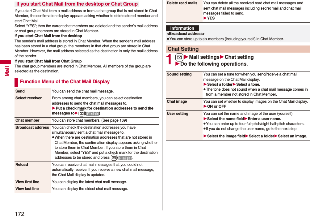 172MailIf you start Chat Mail from a mail address or from a chat group that is not stored in Chat Member, the confirmation display appears asking whether to delete stored member and start Chat Mail.Select “YES”; then the current chat members are deleted and the sender’s mail address or chat group members are stored in Chat Member.If you start Chat Mail from the desktopThe sender’s mail address is stored in Chat Member. When the sender’s mail address has been stored in a chat group, the members in that chat group are stored in Chat Member. However, the mail address selected as the destination is only the mail address of the sender.If you start Chat Mail from Chat GroupThe chat group members are stored in Chat Member. All members of the group are selected as the destination.If you start Chat Mail from the desktop or Chat GroupFunction Menu of the Chat Mail DisplaySend You can send the chat mail message.Select receiver From among chat members, you can select destination addresses to send the chat mail messages to.Put a check mark for destination addresses to send the messages tol()Chat member You can store chat members. (See page 169)Broadcast address You can check the destination addresses you have simultaneously sent a chat mail message to.pWhen there are destination addresses that are not stored in Chat Member, the confirmation display appears asking whether to store them in Chat Member. If you store them in Chat Member, select “YES” and put a check mark for the destination addresses to be stored and press l().Reload You can receive chat mail messages that you could not automatically receive. If you receive a new chat mail message, the Chat Mail display is updated.View first line You can display the latest chat mail message.View last line You can display the oldest chat mail message.1lMail settingsChat settingDo the following operations.Delete read mails You can delete all the received read chat mail messages and sent chat mail messages including secret mail and chat mail messages failed to send.YESInformation<Broadcast address>pYou can store up to six members (including yourself) in Chat Member.Chat SettingSound setting You can set a tone for when you send/receive a chat mail message on the Chat Mail display.Select a folderSelect a tone.pThe tone does not sound when a chat mail message comes in from a member not stored in Chat Member.Chat image You can set whether to display images on the Chat Mail display.ON or OFFUser setting You can set the name and image of the user (yourself).Select the name fieldEnter a user name.pYou can enter up to four full-pitch/eight half-pitch characters.pIf you do not change the user name, go to the next step.Select the image fieldSelect a folderSelect an image.