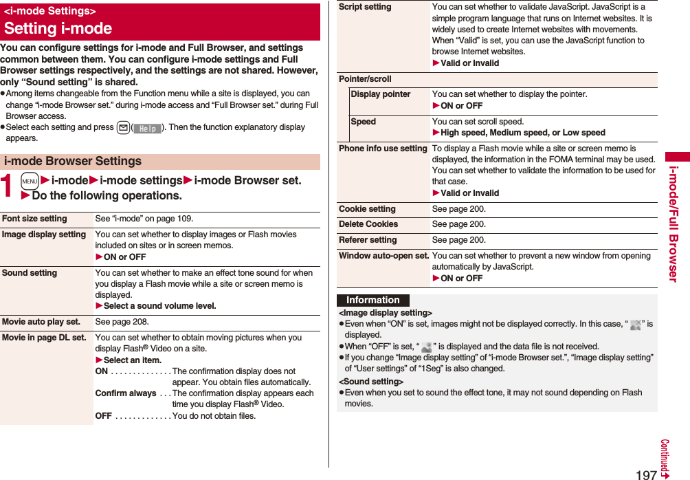 197i-mode/Full BrowserYou can configure settings for i-mode and Full Browser, and settings common between them. You can configure i-mode settings and Full Browser settings respectively, and the settings are not shared. However, only “Sound setting” is shared.pAmong items changeable from the Function menu while a site is displayed, you can change “i-mode Browser set.” during i-mode access and “Full Browser set.” during Full Browser access.pSelect each setting and press l( ). Then the function explanatory display appears.1mi-modei-mode settingsi-mode Browser set.Do the following operations.<i-mode Settings>Setting i-modei-mode Browser SettingsFont size setting See “i-mode” on page 109.Image display setting You can set whether to display images or Flash movies included on sites or in screen memos.ON or OFFSound setting You can set whether to make an effect tone sound for when you display a Flash movie while a site or screen memo is displayed.Select a sound volume level.Movie auto play set. See page 208.Movie in page DL set. You can set whether to obtain moving pictures when you display Flash® Video on a site.Select an item.ON . . . . . . . . . . . . . . The confirmation display does not appear. You obtain files automatically.Confirm always . . . The confirmation display appears each time you display Flash® Video.OFF . . . . . . . . . . . . .You do not obtain files.Script setting You can set whether to validate JavaScript. JavaScript is a simple program language that runs on Internet websites. It is widely used to create Internet websites with movements.When “Valid” is set, you can use the JavaScript function to browse Internet websites. Valid or InvalidPointer/scrollDisplay pointer You can set whether to display the pointer.ON or OFFSpeed You can set scroll speed.High speed, Medium speed, or Low speedPhone info use setting To display a Flash movie while a site or screen memo is displayed, the information in the FOMA terminal may be used. You can set whether to validate the information to be used for that case.Valid or InvalidCookie setting See page 200.Delete Cookies See page 200.Referer setting See page 200.Window auto-open set. You can set whether to prevent a new window from opening automatically by JavaScript.ON or OFFInformation<Image display setting>pEven when “ON” is set, images might not be displayed correctly. In this case, “ ” is displayed.pWhen “OFF” is set, “ ” is displayed and the data file is not received.pIf you change “Image display setting” of “i-mode Browser set.”, “Image display setting” of “User settings” of “1Seg” is also changed.<Sound setting>pEven when you set to sound the effect tone, it may not sound depending on Flash movies.
