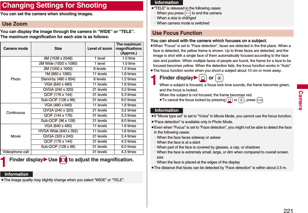 221CameraYou can set the camera when shooting images.You can display the image through the camera in “WIDE” or “TELE”.The maximum magnification for each size is as follows:1Finder displayUse No to adjust the magnification.Changing Settings for ShootingUse ZoomCamera mode Size Level of zoomThe maximum magnifications(Approx.)Photo3M (1536 x 2048) 1 level 1.0 time2M Wide (1920 x 1080) 1 level 1.0 time2M (1200 x 1600) 6 levels 1.2 times1M (960 x 1280) 11 levels 1.6 timesStand-by (480 x 854) 6 levels 1.2 timesVGA (640 x 480) 11 levels 1.6 timesQVGA (240 x 320) 21 levels 3.2 timesQCIF (176 x 144) 31 levels 5.3 timesSub-QCIF (128 x 96) 31 levels 8.0 timesContinuousVGA (480 x 640) 11 levels 1.6 timesQVGA (240 x 320) 21 levels 3.2 timesQCIF (144 x 176) 31 levels 5.3 timesSub-QCIF (96 x 128) 31 levels 8.0 timesMovieVGA (640 x 480) 11 levels 1.6 timesHVGA Wide (640 x 352) 11 levels 1.6 timesQVGA (320 x 240) 21 levels 2.4 timesQCIF (176 x 144) 31 levels 4.3 timesSub-QCIF (128 x 96) 31 levels 6.0 timesVideophone call - 31 levels 4.3 timesInformationpThe image quality may slightly change when you select “WIDE” or “TELE”.You can shoot with the camera which focuses on a subject.pWhen “Focus” is set to “Face detection”, faces are detected in the first place. When a face is detected, the yellow frame is shown. Up to three faces are detected, and the image is shot with a single face of them automatically focused according to the face size and position. When multiple faces of people are found, the frame for a face to be focused becomes yellow. When the detection fails, the focus function works in “Auto”.pThe focus function works when you shoot a subject about 10 cm or more away.1Finder displayXo or aWhen a subject is focused, a focus lock tone sounds, the frame becomes green, and the focus is locked.When the subject is not focused, the frame becomes red.pTo cancel the focus locked by pressing Xo or a, press r.p“TELE” is released in the following cases:・When you press -h to end the camera・When a size is changed・When camera mode is switchedUse Focus FunctionInformationInformationpIf “Movie type set” is set to “Voice” in Movie Mode, you cannot use the focus function.p“Face detection” is available only in Photo Mode.pEven when “Focus” is set to “Face detection”, you might not be able to detect the face in the following cases:・When the face faces sideway or askew・When the face is at a slant・When part of the face is covered by glasses, a cap, or shadows・When the face is extremely small, large, or dim when compared to overall screen size・When the face is placed at the edges of the displaypThe distance that faces can be detected by “Face detection” is within about 2.5 m.