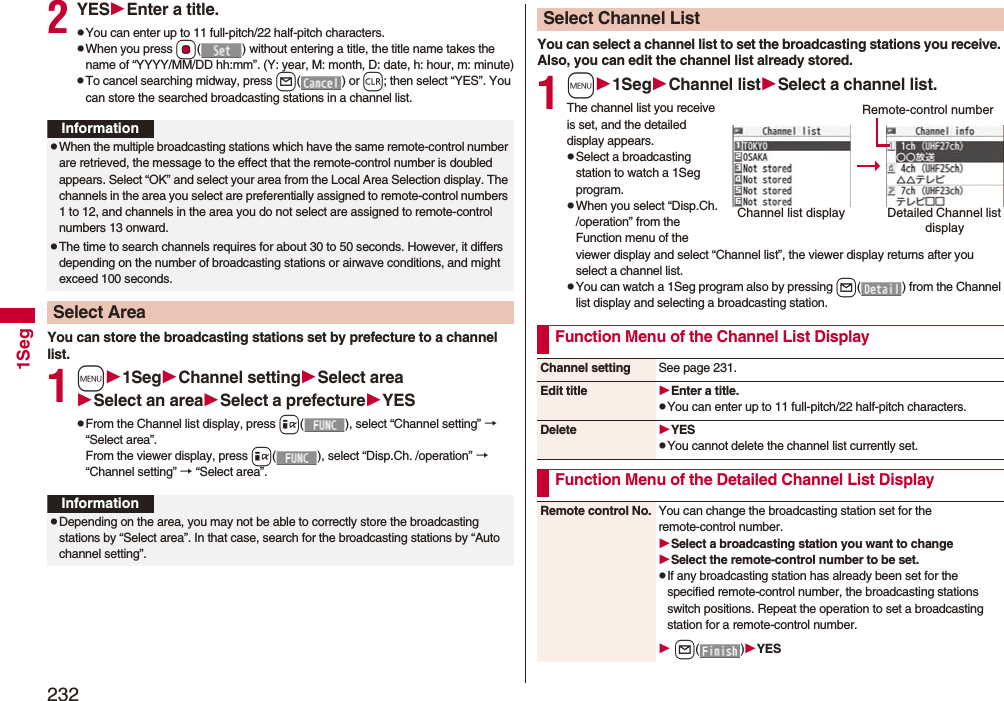 2321Seg2YESEnter a title.pYou can enter up to 11 full-pitch/22 half-pitch characters.pWhen you press Oo( ) without entering a title, the title name takes the name of “YYYY/MM/DD hh:mm”. (Y: year, M: month, D: date, h: hour, m: minute)pTo cancel searching midway, press l() or r; then select “YES”. You can store the searched broadcasting stations in a channel list.You can store the broadcasting stations set by prefecture to a channel list.1m1SegChannel settingSelect areaSelect an areaSelect a prefectureYESpFrom the Channel list display, press i( ), select “Channel setting” → “Select area”.From the viewer display, press i( ), select “Disp.Ch. /operation” → “Channel setting” → “Select area”.InformationpWhen the multiple broadcasting stations which have the same remote-control number are retrieved, the message to the effect that the remote-control number is doubled appears. Select “OK” and select your area from the Local Area Selection display. The channels in the area you select are preferentially assigned to remote-control numbers 1 to 12, and channels in the area you do not select are assigned to remote-control numbers 13 onward.pThe time to search channels requires for about 30 to 50 seconds. However, it differs depending on the number of broadcasting stations or airwave conditions, and might exceed 100 seconds.Select AreaInformationpDepending on the area, you may not be able to correctly store the broadcasting stations by “Select area”. In that case, search for the broadcasting stations by “Auto channel setting”.You can select a channel list to set the broadcasting stations you receive. Also, you can edit the channel list already stored.1m1SegChannel listSelect a channel list.The channel list you receive is set, and the detailed display appears.pSelect a broadcasting station to watch a 1Seg program.pWhen you select “Disp.Ch. /operation” from the Function menu of the viewer display and select “Channel list”, the viewer display returns after you select a channel list.pYou can watch a 1Seg program also by pressing l( ) from the Channel list display and selecting a broadcasting station.Select Channel ListChannel list display Detailed Channel list displayRemote-control numberFunction Menu of the Channel List DisplayChannel setting See page 231.Edit title Enter a title.pYou can enter up to 11 full-pitch/22 half-pitch characters.Delete YESpYou cannot delete the channel list currently set.Function Menu of the Detailed Channel List DisplayRemote control No. You can change the broadcasting station set for the remote-control number.Select a broadcasting station you want to changeSelect the remote-control number to be set.pIf any broadcasting station has already been set for the specified remote-control number, the broadcasting stations switch positions. Repeat the operation to set a broadcasting station for a remote-control number. l()YES