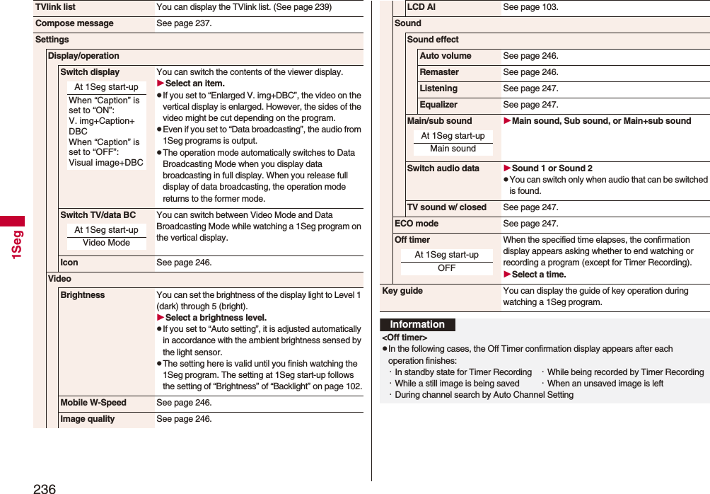 2361SegTVlink list You can display the TVlink list. (See page 239)Compose message See page 237.SettingsDisplay/operationSwitch display You can switch the contents of the viewer display.Select an item.pIf you set to “Enlarged V. img+DBC”, the video on the vertical display is enlarged. However, the sides of the video might be cut depending on the program.pEven if you set to “Data broadcasting”, the audio from 1Seg programs is output.pThe operation mode automatically switches to Data Broadcasting Mode when you display data broadcasting in full display. When you release full display of data broadcasting, the operation mode returns to the former mode.Switch TV/data BC You can switch between Video Mode and Data Broadcasting Mode while watching a 1Seg program on the vertical display.Icon See page 246.VideoBrightness You can set the brightness of the display light to Level 1 (dark) through 5 (bright).Select a brightness level.pIf you set to “Auto setting”, it is adjusted automatically in accordance with the ambient brightness sensed by the light sensor.pThe setting here is valid until you finish watching the 1Seg program. The setting at 1Seg start-up follows the setting of “Brightness” of “Backlight” on page 102.Mobile W-Speed See page 246.Image quality See page 246.At 1Seg start-upWhen “Caption” is set to “ON”: V. img+Caption+DBCWhen “Caption” is set to “OFF”: Visual image+DBCAt 1Seg start-upVideo ModeLCD AI See page 103.SoundSound effectAuto volume See page 246.Remaster See page 246.Listening See page 247.Equalizer See page 247.Main/sub sound Main sound, Sub sound, or Main+sub soundSwitch audio data Sound 1 or Sound 2pYou can switch only when audio that can be switched is found.TV sound w/ closed See page 247.ECO mode See page 247.Off timer When the specified time elapses, the confirmation display appears asking whether to end watching or recording a program (except for Timer Recording).Select a time.Key guide You can display the guide of key operation during watching a 1Seg program.At 1Seg start-upMain soundAt 1Seg start-upOFFInformation<Off timer>pIn the following cases, the Off Timer confirmation display appears after each operation finishes:・In standby state for Timer Recording ・While being recorded by Timer Recording・While a still image is being saved ・When an unsaved image is left・During channel search by Auto Channel Setting