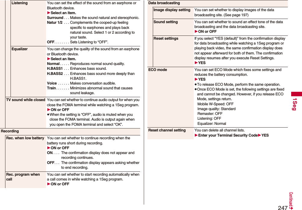 2471SegListening You can set the effect of the sound from an earphone or Bluetooth device.Select an item.Surround . . . Makes the sound natural and stereophonic.Natur 1/2 . . . Complements the cooped-up feeling specific to earphones and plays back natural sound. Select 1 or 2 according to your taste.OFF. . . . . . . . Sets Listening to “OFF”.Equalizer You can change the quality of the sound from an earphone or Bluetooth device.Select an item.Normal . . . . . Reproduces normal sound quality.H.BASS1 . . . Enhances bass sound.H.BASS2 . . . Enhances bass sound more deeply than H.BASS1.Voice . . . . . . Makes conversation audible.Train . . . . . . . Minimizes abnormal sound that causes sound leakage.TV sound while closed You can set whether to continue audio output for when you close the FOMA terminal while watching a 1Seg program.ON or OFFpWhen the setting is “OFF”, audio is muted when you close the FOMA terminal. Audio is output again when you open the FOMA terminal and select “OK”.RecordingRec. when low battery You can set whether to continue recording when the battery runs short during recording.ON or OFFON. . . . The confirmation display does not appear and recording continues.OFF. . . The confirmation display appears asking whether to end recording.Rec. program when callYou can set whether to start recording automatically when a call comes in while watching a 1Seg program.ON or OFFData broadcastingImage display setting You can set whether to display images of the data broadcasting site. (See page 197)Sound setting You can set whether to sound an effect tone of the data broadcasting and the data broadcasting site.ON or OFFReset settings If you select “YES (default)” from the confirmation display for data broadcasting while watching a 1Seg program or playing back video, the same confirmation display does not appear afterward for both of them. The confirmation display resumes after you execute Reset Settings.YESECO mode You can set ECO Mode which fixes some settings and reduces the battery consumption.YESpTo release ECO Mode, perform the same operation.pOnce ECO Mode is set, the following settings are fixed and cannot be changed. However, if you release ECO Mode, settings return.Mobile W-Speed: OFFImage quality: StandardRemaster: OFFListening: OFFEqualizer: NormalReset channel setting You can delete all channel lists.Enter your Terminal Security CodeYES