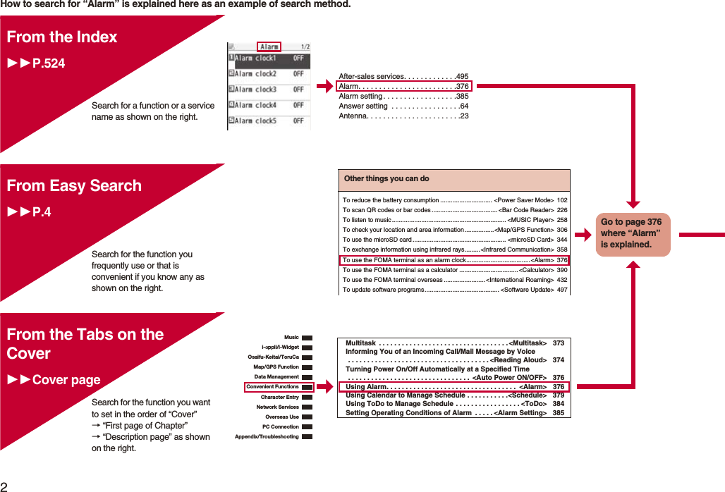 2Easy Search/Contents/PrecautionsHow to search for “Alarm” is explained here as an example of search method.After-sales services. . . . . . . . . . . . .495Alarm. . . . . . . . . . . . . . . . . . . . . . . .376Alarm setting . . . . . . . . . . . . . . . . . .385Answer setting . . . . . . . . . . . . . . . . .64Antenna. . . . . . . . . . . . . . . . . . . . . . .23From the IndexP.524Search for a function or a service name as shown on the right.Search for the function you frequently use or that is convenient if you know any as shown on the right.Other things you can doTo reduce the battery consumption .............................. <Power Saver Mode> 102To scan QR codes or bar codes ......................................<Bar Code Reader> 226To listen to music.................................................................. <MUSIC Player> 258To check your location and area information.................<Map/GPS Function> 306To use the microSD card ...................................................... <microSD Card> 344To exchange information using infrared rays.........<Infrared Communication> 358To use the FOMA terminal as an alarm clock.....................................<Alarm> 376To use the FOMA terminal as a calculator ..................................<Calculator> 390To use the FOMA terminal overseas........................ <International Roaming> 432To update software programs........................................... <Software Update> 497Go to page 376 where “Alarm” is explained.From Easy SearchP.4i-αppli/i-WidgetMap/GPS FunctionOsaifu-Keitai/ToruCaData ManagementMusicConvenient FunctionsCharacter EntryNetwork ServicesPC ConnectionOverseas UseAppendix/TroubleshootingMultitask . . . . . . . . . . . . . . . . . . . . . . . . . . . . . . . . . . <Multitask> 373Informing You of an Incoming Call/Mail Message by Voice . . . . . . . . . . . . . . . . . . . . . . . . . . . . . . . . . . . . . <Reading Aloud> 374Turning Power On/Off Automatically at a Specified Time . . . . . . . . . . . . . . . . . . . . . . . . . . . . . . . . <Auto Power ON/OFF> 376Using Alarm. . . . . . . . . . . . . . . . . . . . . . . . . . . . . . . . . . <Alarm> 376Using Calendar to Manage Schedule . . . . . . . . . . .<Schedule> 379Using ToDo to Manage Schedule . . . . . . . . . . . . . . . . . <ToDo> 384Setting Operating Conditions of Alarm . . . . . <Alarm Setting> 385From the Tabs on the CoverCover pageSearch for the function you want to set in the order of “Cover” → “First page of Chapter” → “Description page” as shown on the right.