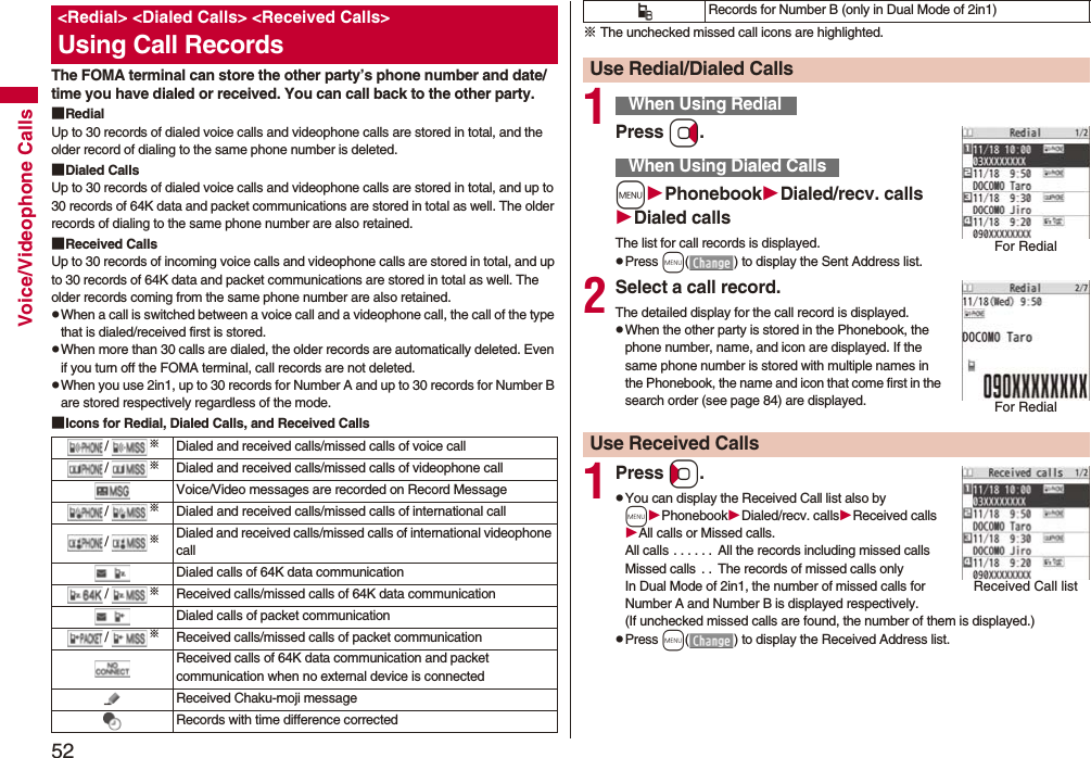 52Voice/Videophone CallsThe FOMA terminal can store the other party’s phone number and date/time you have dialed or received. You can call back to the other party.■RedialUp to 30 records of dialed voice calls and videophone calls are stored in total, and the older record of dialing to the same phone number is deleted.■Dialed CallsUp to 30 records of dialed voice calls and videophone calls are stored in total, and up to 30 records of 64K data and packet communications are stored in total as well. The older records of dialing to the same phone number are also retained.■Received CallsUp to 30 records of incoming voice calls and videophone calls are stored in total, and up to 30 records of 64K data and packet communications are stored in total as well. The older records coming from the same phone number are also retained.pWhen a call is switched between a voice call and a videophone call, the call of the type that is dialed/received first is stored.pWhen more than 30 calls are dialed, the older records are automatically deleted. Even if you turn off the FOMA terminal, call records are not deleted.pWhen you use 2in1, up to 30 records for Number A and up to 30 records for Number B are stored respectively regardless of the mode.■Icons for Redial, Dialed Calls, and Received Calls<Redial> <Dialed Calls> <Received Calls>Using Call Records/※Dialed and received calls/missed calls of voice call/※Dialed and received calls/missed calls of videophone callVoice/Video messages are recorded on Record Message/※Dialed and received calls/missed calls of international call/※Dialed and received calls/missed calls of international videophone callDialed calls of 64K data communication/※Received calls/missed calls of 64K data communicationDialed calls of packet communication/※Received calls/missed calls of packet communicationReceived calls of 64K data communication and packet communication when no external device is connectedReceived Chaku-moji messageRecords with time difference corrected※ The unchecked missed call icons are highlighted.1Press Vo.mPhonebookDialed/recv. callsDialed callsThe list for call records is displayed.pPress m( ) to display the Sent Address list.2Select a call record.The detailed display for the call record is displayed.pWhen the other party is stored in the Phonebook, the phone number, name, and icon are displayed. If the same phone number is stored with multiple names in the Phonebook, the name and icon that come first in the search order (see page 84) are displayed.1Press Co.pYou can display the Received Call list also by mPhonebookDialed/recv. callsReceived callsAll calls or Missed calls.All calls . . . . . . All the records including missed callsMissed calls . . The records of missed calls onlyIn Dual Mode of 2in1, the number of missed calls for Number A and Number B is displayed respectively.(If unchecked missed calls are found, the number of them is displayed.)pPress m( ) to display the Received Address list.Records for Number B (only in Dual Mode of 2in1)Use Redial/Dialed CallsWhen Using RedialWhen Using Dialed CallsFor RedialFor RedialUse Received CallsReceived Call list