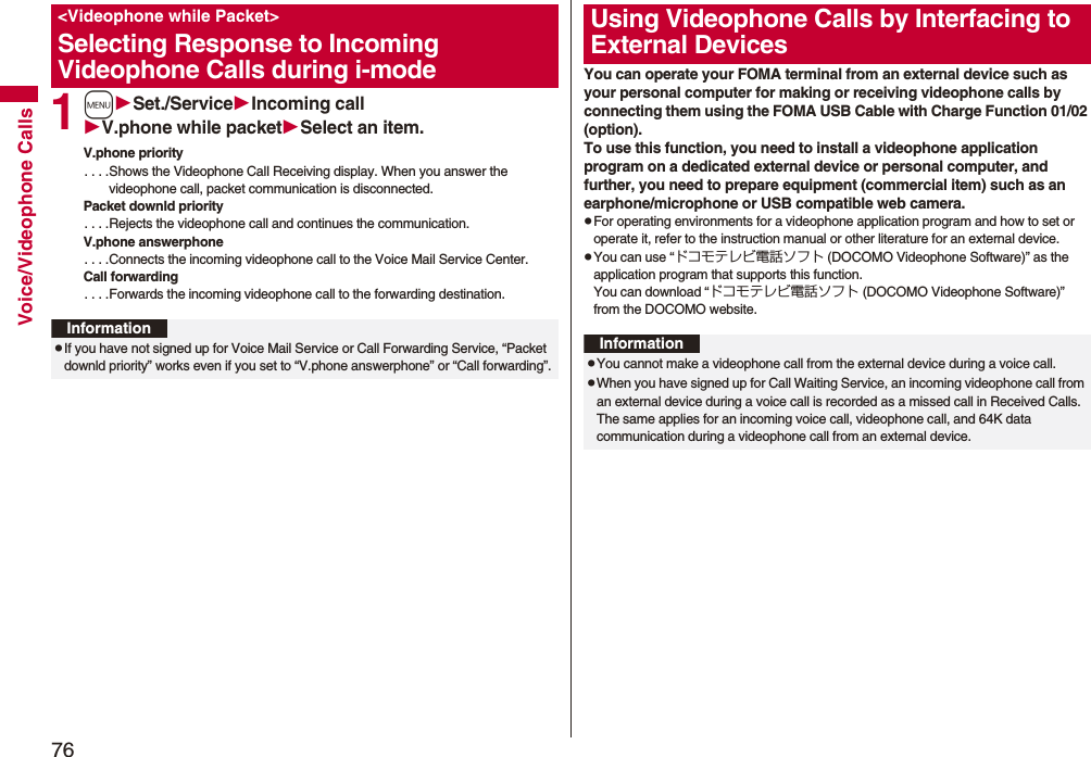 76Voice/Videophone Calls1mSet./ServiceIncoming callV.phone while packetSelect an item.V.phone priority. . . .Shows the Videophone Call Receiving display. When you answer the videophone call, packet communication is disconnected.Packet downld priority. . . .Rejects the videophone call and continues the communication.V.phone answerphone. . . .Connects the incoming videophone call to the Voice Mail Service Center.Call forwarding. . . .Forwards the incoming videophone call to the forwarding destination.<Videophone while Packet>Selecting Response to Incoming Videophone Calls during i-modeInformationpIf you have not signed up for Voice Mail Service or Call Forwarding Service, “Packet downld priority” works even if you set to “V.phone answerphone” or “Call forwarding”.You can operate your FOMA terminal from an external device such as your personal computer for making or receiving videophone calls by connecting them using the FOMA USB Cable with Charge Function 01/02 (option).To use this function, you need to install a videophone application program on a dedicated external device or personal computer, and further, you need to prepare equipment (commercial item) such as an earphone/microphone or USB compatible web camera.pFor operating environments for a videophone application program and how to set or operate it, refer to the instruction manual or other literature for an external device.pYou can use “ドコモテレビ電話ソフト (DOCOMO Videophone Software)” as the application program that supports this function. You can download “ドコモテレビ電話ソフト (DOCOMO Videophone Software)” from the DOCOMO website.Using Videophone Calls by Interfacing to External DevicesInformationpYou cannot make a videophone call from the external device during a voice call.pWhen you have signed up for Call Waiting Service, an incoming videophone call from an external device during a voice call is recorded as a missed call in Received Calls. The same applies for an incoming voice call, videophone call, and 64K data communication during a videophone call from an external device.