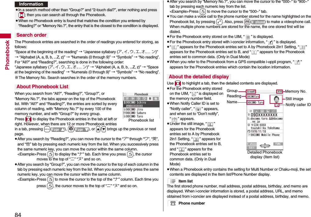 84PhonebookThe Phonebook entries are searched in the order of readings you entered for storing, as follows: “Space at the beginning of the reading” → “Japanese syllabary (ア、イ、ウ、エ、オ、... ン)” → “Alphabet (A, a, B, b, ...Z, z)” → “Numerals (0 through 9)” → “Symbols” → “No reading”.For “All?” and “Reading?”, searching is done in the following order:“Japanese syllabary (ア、イ、ウ、エ、オ、... ン)” → “Alphabet (A, a, B, b, ...Z, z)” → “Space at the beginning of the reading” → “Numerals (0 through 9)” → “Symbols” → “No reading”.※The Memory No. Search searches in the order of the memory numbers.When you search from “All?”, “Reading?”, “Group?”, or “Memory No.?”, the tabs appear on the top of the Phonebook list. With “All?” and “Reading?”, the entries are sorted by every column of reading, with “Memory No.?” by every 100 of the memory number, and with “Group?” by every group.Press No to display the Phonebook entries in the tab at left or right. However, when there are 12 or more Phonebook entries in a tab, pressing m(), c(), or </> brings up the previous or next page.pAfter you search by “Reading?”, you can move the cursor to the “ア” through “ワ”, “英”, and “他” tab by pressing each numeric key from the list. When you successively press the same numeric key, you can move the cursor within the same column.<Example>Press 5 to display the “ナ” tab. Each time you press 5, the cursor moves to the top of “ニ” “ヌ” and so on. pAfter you search by “Group?”, you can move the cursor to the top of each column in the tab by pressing each numeric key from the list. When you successively press the same numeric key, you can move the cursor within the same column.<Example>Press 5 to move the cursor to the top of the “ナ” column. Each time you press 5, the cursor moves to the top of “ニ” “ヌ” and so on.InformationpIn a search method other than “Group?” and “2-touch dial?”, enter nothing and press *Bo; then you can search all through the Phonebook.pWhen no Phonebook entry is found that matches the condition you entered by “Reading?” or “Memory No.?”, the entry that is the closest to the condition is displayed.Search orderAbout Phonebook ListPhonebook listpAfter you search by “Memory No.?”, you can move the cursor to the “000~” to “900~” tab by pressing each numeric key from the list.<Example>Press 5 to move the cursor to the “500~” tab. pYou can make a voice call to the phone number stored for the name highlighted on the Phonebook list, by pressing d. Also, press l( ) to make a videophone call. When multiple phone numbers are stored for the name, the one stored first will be dialed.pFor the Phonebook entry stored on the UIM, “ ” is displayed.pFor the Phonebook entry stored with i-concier information, “ ” is displayed.p“ ” appears for the Phonebook entries set to A by Phonebook 2in1 Setting, “ ” appears for the Phonebook entries set to B, and “ ” appears for the Phonebook entries set to common data. (Only in Dual Mode)pWhen you refer to the Phonebook from a GPS compatible i-αppli program, “ ” appears for the Phonebook entries which contain the location information.Use No to highlight a tab, then the detailed contents are displayed.pFor the Phonebook entry stored on the UIM, “ ” is displayed on the memory number field.pWhen Notify Caller ID is set to “Notify caller”, “ ” appears, and when set to “Don’t notify”, “ ” appears.pUnder the still image, “ ” appears for the Phonebook entries set to A by Phonebook 2in1 Setting, “ ” appears for the Phonebook entries set to B, and “ ” appears for the Phonebook entries set to common data. (Only in Dual Mode)pWhen a Phonebook entry contains the setting for Multi Number or Chaku-moji, the set contents are displayed in the Item list/Phone Number display.Item listThe first stored phone number, mail address, postal address, birthday, and memo are displayed. When i-concier information is stored, a postal address, URL, and memo obtained from i-concier are displayed instead of a postal address, birthday, and memo.Phone numberAbout the detailed displayDetailed Phonebook display (Item list)GroupReadingNameMemory No.Still imageNotify caller ID