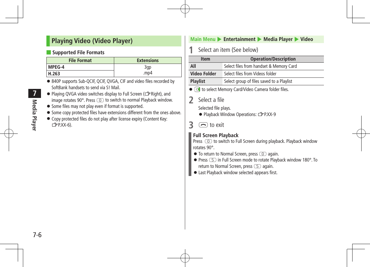 7-6Media Player7Playing Video (Video Player) ■Supported File FormatsFile Format ExtensionsMPEG-4 3gp .mp4H.263 840P supports Sub-QCIF, QCIF, QVGA, CIF and video files recorded by SoftBank handsets to send via S! Mail. Playing QVGA video switches display to Full Screen (ZRight), and image rotates 90°. Press P to switch to normal Playback window. Some files may not play even if format is supported. Some copy protected files have extensions different from the ones above. Copy protected files do not play after license expiry (Content Key: ZP.XX-6).Main Menu 4 Entertainment 4 Media Player 4 Video1 Select an item (See below)Item Operation/DescriptionAll Select files from handset & Memory CardVideo Folder Select files from Videos folderPlaylist Select group of files saved to a Playlist to select Memory Card/Video Camera folder files.2 Select a fileSelected file plays. Playback Window Operations: ZP.XX-93 L to exitFull Screen PlaybackPress P to switch to Full Screen during playback. Playback window rotates 90°. To return to Normal Screen, press P again. Press T in Full Screen mode to rotate Playback window 180°. To return to Normal Screen, press T again. Last Playback window selected appears first.