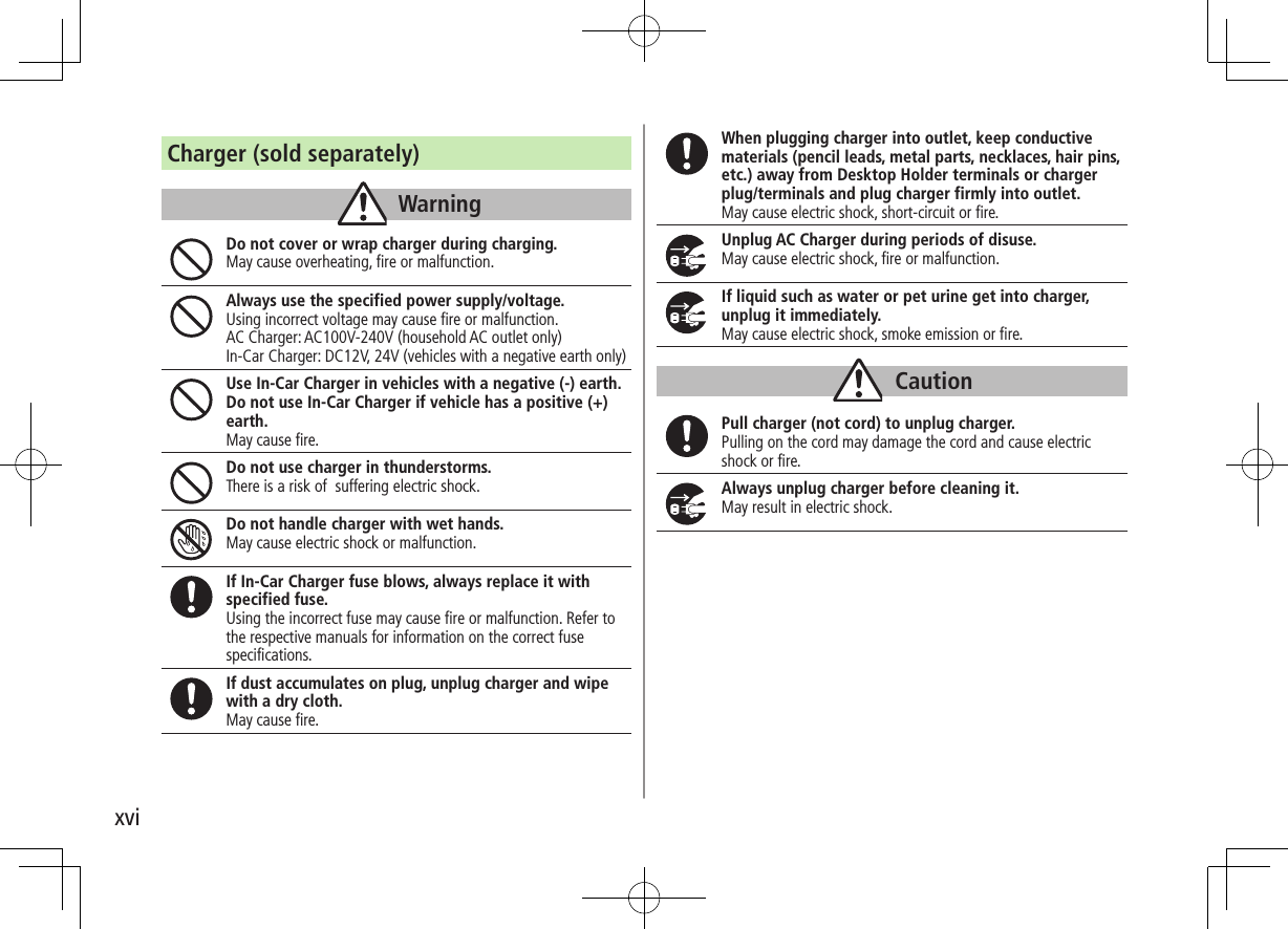 xviCharger (sold separately)WarningDo not cover or wrap charger during charging.May cause overheating, fire or malfunction.Always use the specified power supply/voltage.Using incorrect voltage may cause fire or malfunction. AC Charger: AC100V-240V (household AC outlet only) In-Car Charger: DC12V, 24V (vehicles with a negative earth only)Use In-Car Charger in vehicles with a negative (-) earth. Do not use In-Car Charger if vehicle has a positive (+) earth.May cause fire.Do not use charger in thunderstorms.There is a risk of suffering electric shock.Do not handle charger with wet hands.May cause electric shock or malfunction.If In-Car Charger fuse blows, always replace it with specified fuse.Using the incorrect fuse may cause fire or malfunction. Refer to the respective manuals for information on the correct fuse specifications.If dust accumulates on plug, unplug charger and wipe with a dry cloth.May cause fire.When plugging charger into outlet, keep conductive materials (pencil leads, metal parts, necklaces, hair pins, etc.) away from Desktop Holder terminals or charger plug/terminals and plug charger firmly into outlet.May cause electric shock, short-circuit or fire.Unplug AC Charger during periods of disuse.May cause electric shock, fire or malfunction.If liquid such as water or pet urine get into charger, unplug it immediately.May cause electric shock, smoke emission or fire.CautionPull charger (not cord) to unplug charger.Pulling on the cord may damage the cord and cause electric shock or fire.Always unplug charger before cleaning it.May result in electric shock.
