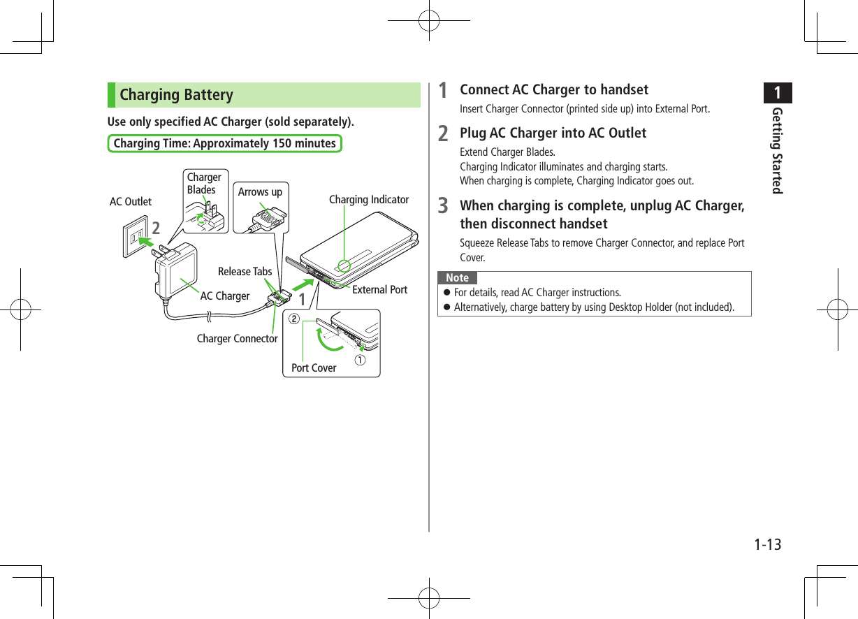 1Getting Started1-13Charging BatteryUse only specified AC Charger (sold separately).Charging Time: Approximately 150 minutes Charging IndicatorExternal PortPort CoverAC OutletChargerBlades2Release TabsAC ChargerCharger ConnectorArrows up11 Connect AC Charger to handsetInsert Charger Connector (printed side up) into External Port.2 Plug AC Charger into AC OutletExtend Charger Blades.Charging Indicator illuminates and charging starts.When charging is complete, Charging Indicator goes out.3 When charging is complete, unplug AC Charger, then disconnect handsetSqueeze Release Tabs to remove Charger Connector, and replace Port Cover.Note For details, read AC Charger instructions. Alternatively, charge battery by using Desktop Holder (not included).