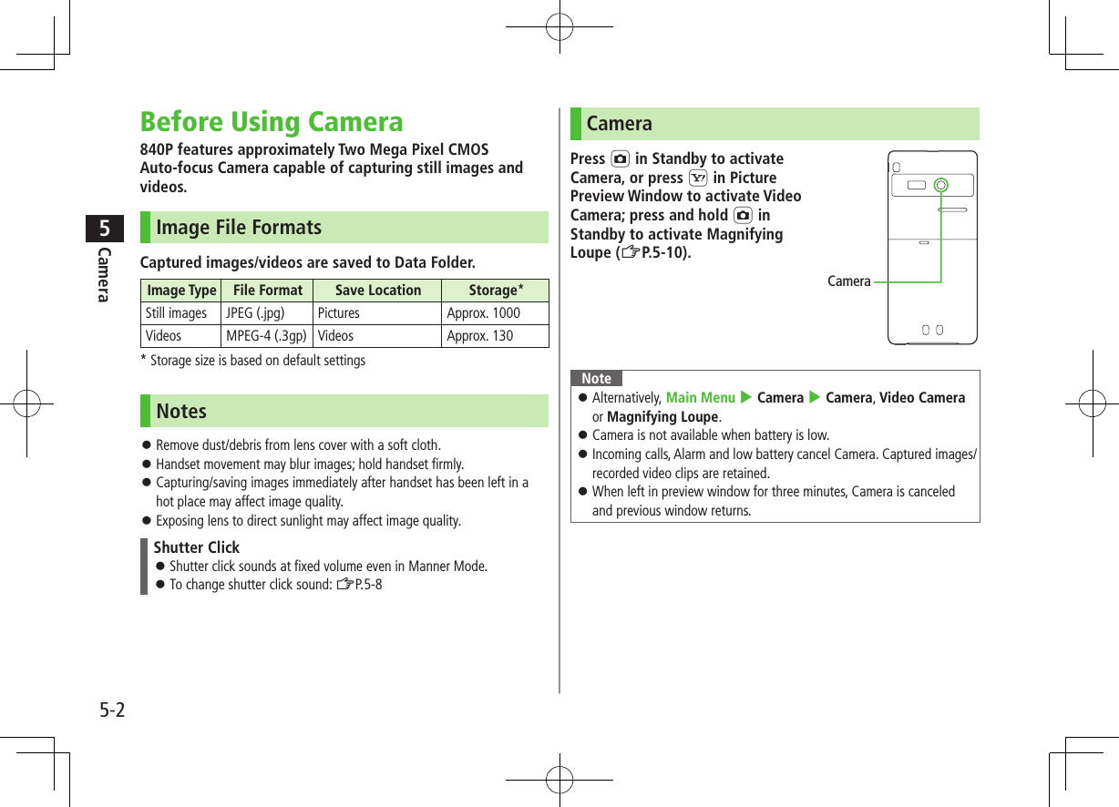 5-2Camera5Before Using Camera840P features approximately Two Mega Pixel CMOS Auto-focus Camera capable of capturing still images and videos.Image File FormatsCaptured images/videos are saved to Data Folder.Image Type File Format Save Location Storage*Still images JPEG (.jpg) Pictures Approx. 1000Videos MPEG-4 (.3gp) Videos Approx. 130* Storage size is based on default settingsNotes Remove dust/debris from lens cover with a soft cloth. Handset movement may blur images; hold handset firmly. Capturing/saving images immediately after handset has been left in a hot place may affect image quality. Exposing lens to direct sunlight may affect image quality.Shutter Click Shutter click sounds at fixed volume even in Manner Mode. To change shutter click sound: ZP.5-8CameraPress F in Standby to activate Camera, or press S in Picture Preview Window to activate Video Camera; press and hold F in Standby to activate Magnifying Loupe (ZP.5-10).Note Alternatively, Main Menu 4 Camera 4 Camera, Video Camera or Magnifying Loupe. Camera is not available when battery is low. Incoming calls, Alarm and low battery cancel Camera. Captured images/recorded video clips are retained. When left in preview window for three minutes, Camera is canceled and previous window returns.Camera