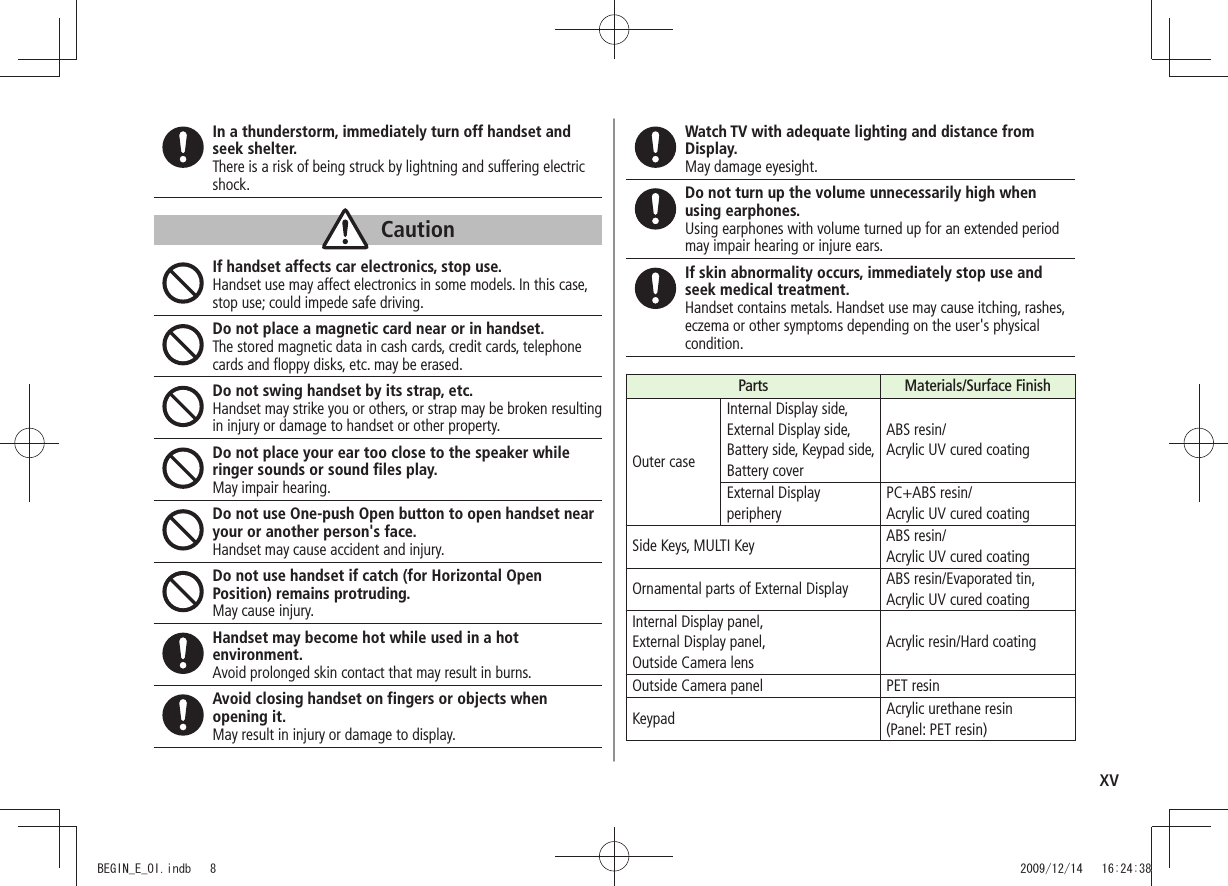 xvIn a thunderstorm, immediately turn off handset and seek shelter.There is a risk of being struck by lightning and suffering electric shock.CautionIf handset affects car electronics, stop use.Handset use may affect electronics in some models. In this case, stop use; could impede safe driving.Do not place a magnetic card near or in handset.The stored magnetic data in cash cards, credit cards, telephone cards and floppy disks, etc. may be erased.Do not swing handset by its strap, etc.Handset may strike you or others, or strap may be broken resulting in injury or damage to handset or other property.Do not place your ear too close to the speaker while ringer sounds or sound files play.May impair hearing.Do not use One-push Open button to open handset near your or another person's face.Handset may cause accident and injury.Do not use handset if catch (for Horizontal Open Position) remains protruding.May cause injury.Handset may become hot while used in a hot environment.Avoid prolonged skin contact that may result in burns.Avoid closing handset on fingers or objects when opening it.May result in injury or damage to display.Watch TV with adequate lighting and distance from Display.May damage eyesight.Do not turn up the volume unnecessarily high when using earphones.Using earphones with volume turned up for an extended period may impair hearing or injure ears.If skin abnormality occurs, immediately stop use and seek medical treatment.Handset contains metals. Handset use may cause itching, rashes, eczema or other symptoms depending on the user's physical condition.Parts Materials/Surface FinishOuter caseInternal Display side, External Display side, Battery side, Keypad side, Battery coverABS resin/ Acrylic UV cured coatingExternal Display peripheryPC+ABS resin/ Acrylic UV cured coatingSide Keys, MULTI Key ABS resin/ Acrylic UV cured coatingOrnamental parts of External Display ABS resin/Evaporated tin, Acrylic UV cured coatingInternal Display panel, External Display panel, Outside Camera lensAcrylic resin/Hard coatingOutside Camera panel PET resinKeypad Acrylic urethane resin (Panel: PET resin)BEGIN_E_OI.indb 8 2009/12/14 16:24:38