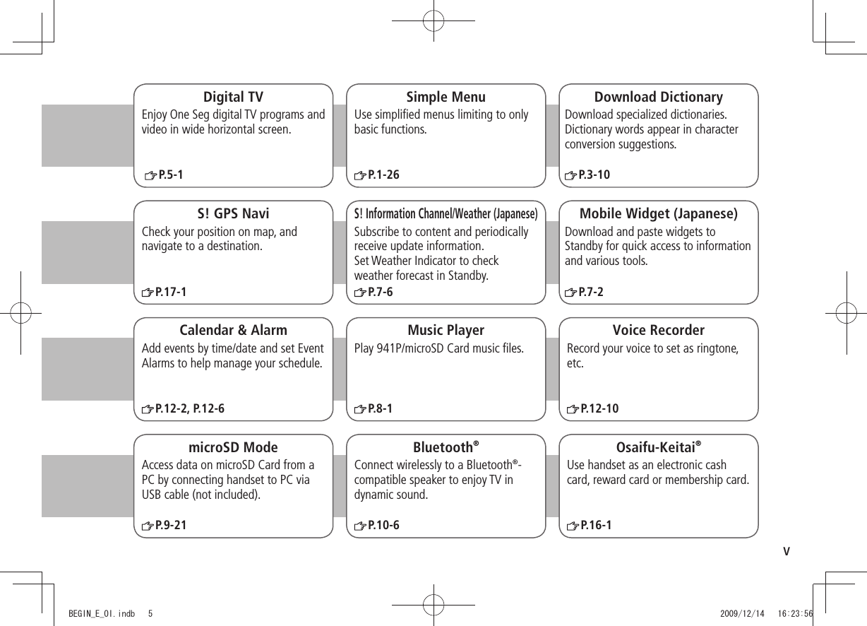 vSimple MenuUse simplified menus limiting to only basic functions. P.1-26Download DictionaryDownload specialized dictionaries. Dictionary words appear in character conversion suggestions.P.3-10S! GPS NaviCheck your position on map, and navigate to a destination.P.17-1Calendar & AlarmAdd events by time/date and set Event Alarms to help manage your schedule.P.12-2, P.12-6S! Information Channel/Weather (Japanese)Subscribe to content and periodically receive update information. Set Weather Indicator to check weather forecast in Standby.P.7-6Music PlayerPlay 941P/microSD Card music files.P.8-1Mobile Widget (Japanese)Download and paste widgets to Standby for quick access to information and various tools.P.7-2microSD ModeAccess data on microSD Card from a PC by connecting handset to PC via USB cable (not included).P.9-21Voice RecorderRecord your voice to set as ringtone, etc.Osaifu-Keitai®Use handset as an electronic cash card, reward card or membership card.P.16-1Bluetooth®Connect wirelessly to a Bluetooth®- compatible speaker to enjoy TV in dynamic sound.P.10-6Digital TVEnjoy One Seg digital TV programs and video in wide horizontal screen. P.5-1P.12-10BEGIN_E_OI.indb 5 2009/12/14 16:23:56
