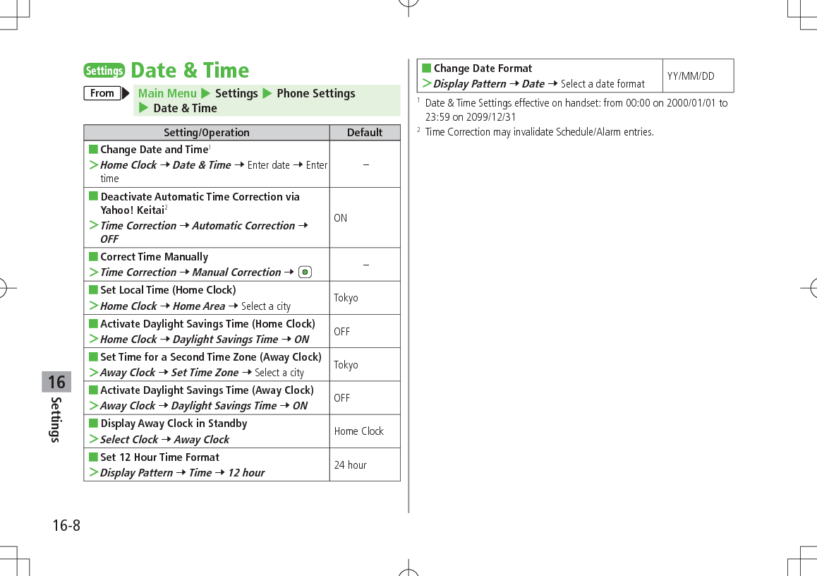 Settings16-816SettingsDate & TimeFrom Main Menu 4 Settings 4 Phone Settings 4 Date & TimeSetting/Operation Default ■Change Date and Time1 >Home Clock 7 Date & Time 7 Enter date 7 Enter time– ■Deactivate Automatic Time Correction via Yahoo! Keitai2 >Time Correction 7 Automatic Correction 7 OFFON ■Correct Time Manually >Time Correction 7 Manual Correction 7 – ■Set Local Time (Home Clock) >Home Clock 7 Home Area 7 Select a city Tokyo ■Activate Daylight Savings Time (Home Clock) >Home Clock 7 Daylight Savings Time 7 ONOFF ■Set Time for a Second Time Zone (Away Clock) >Away Clock 7 Set Time Zone 7 Select a city Tokyo ■Activate Daylight Savings Time (Away Clock) >Away Clock 7 Daylight Savings Time 7 ONOFF ■Display Away Clock in Standby >Select Clock 7 Away ClockHome Clock ■Set 12 Hour Time Format >Display Pattern 7 Time 7 12 hour24 hour ■Change Date Format >Display Pattern 7 Date 7 Select a date format YY/MM/DD1 Date & Time Settings effective on handset: from 00:00 on 2000/01/01 to 23:59 on 2099/12/312 Time Correction may invalidate Schedule/Alarm entries.