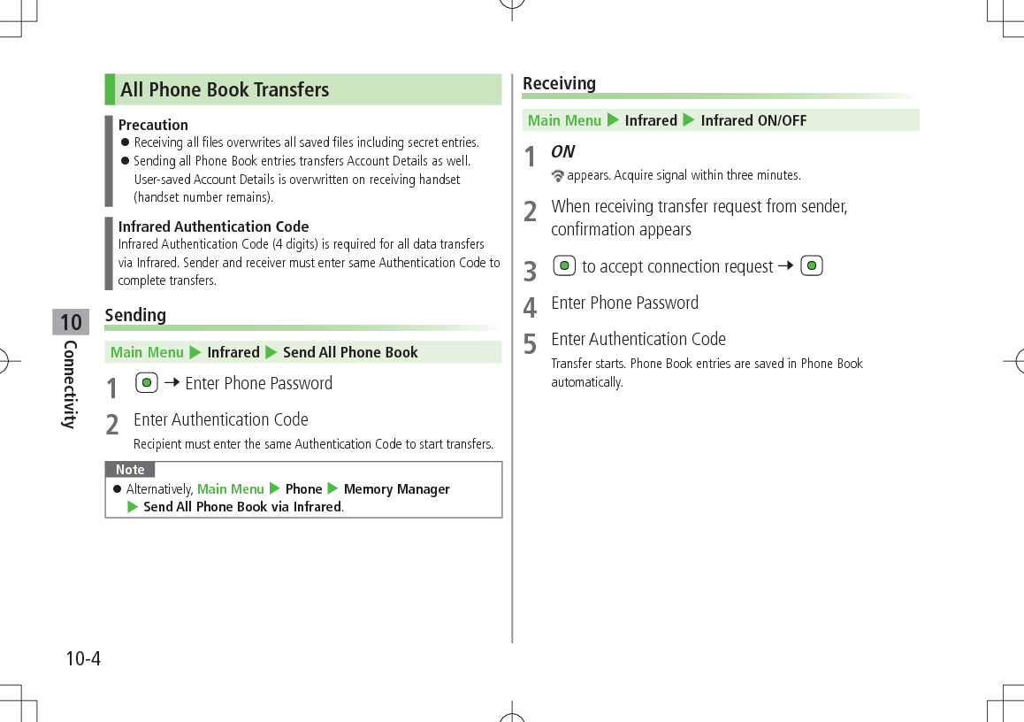10-4Connectivity10All Phone Book TransfersPrecaution Receiving all files overwrites all saved files including secret entries. Sending all Phone Book entries transfers Account Details as well. User-saved Account Details is overwritten on receiving handset (handset number remains).Infrared Authentication CodeInfrared Authentication Code (4 digits) is required for all data transfers via Infrared. Sender and receiver must enter same Authentication Code to complete transfers.Sending Main Menu 4 Infrared 4 Send All Phone Book1 7 Enter Phone Password2 Enter Authentication CodeRecipient must enter the same Authentication Code to start transfers.Note Alternatively, Main Menu 4 Phone 4 Memory Manager 4 Send All Phone Book via Infrared.Receiving Main Menu 4 Infrared 4 Infrared ON/OFF1 ON appears. Acquire signal within three minutes.2 When receiving transfer request from sender, confirmation appears3 to accept connection request 7 4 Enter Phone Password5 Enter Authentication CodeTransfer starts. Phone Book entries are saved in Phone Book automatically.