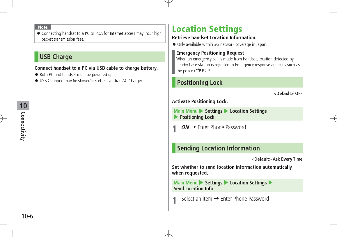 10-6Connectivity10Note Connecting handset to a PC or PDA for Internet access may incur high packet transmission fees.USB ChargeConnect handset to a PC via USB cable to charge battery. Both PC and handset must be powered up. USB Charging may be slower/less effective than AC Charger.Location SettingsRetrieve handset Location Information. Only available within 3G network coverage in Japan.Emergency Positioning RequestWhen an emergency call is made from handset, location detected by nearby base station is reported to Emergency response agencies such as the police (ZP.2-3).Positioning Lock <Default> OFFActivate Positioning Lock.Main Menu 4 Settings 4 Location Settings 4 Positioning Lock1 ON 7 Enter Phone PasswordSending Location Information<Default> Ask Every TimeSet whether to send location information automatically when requested.Main Menu 4 Settings 4 Location Settings 4 Send Location Info1 Select an item 7 Enter Phone Password