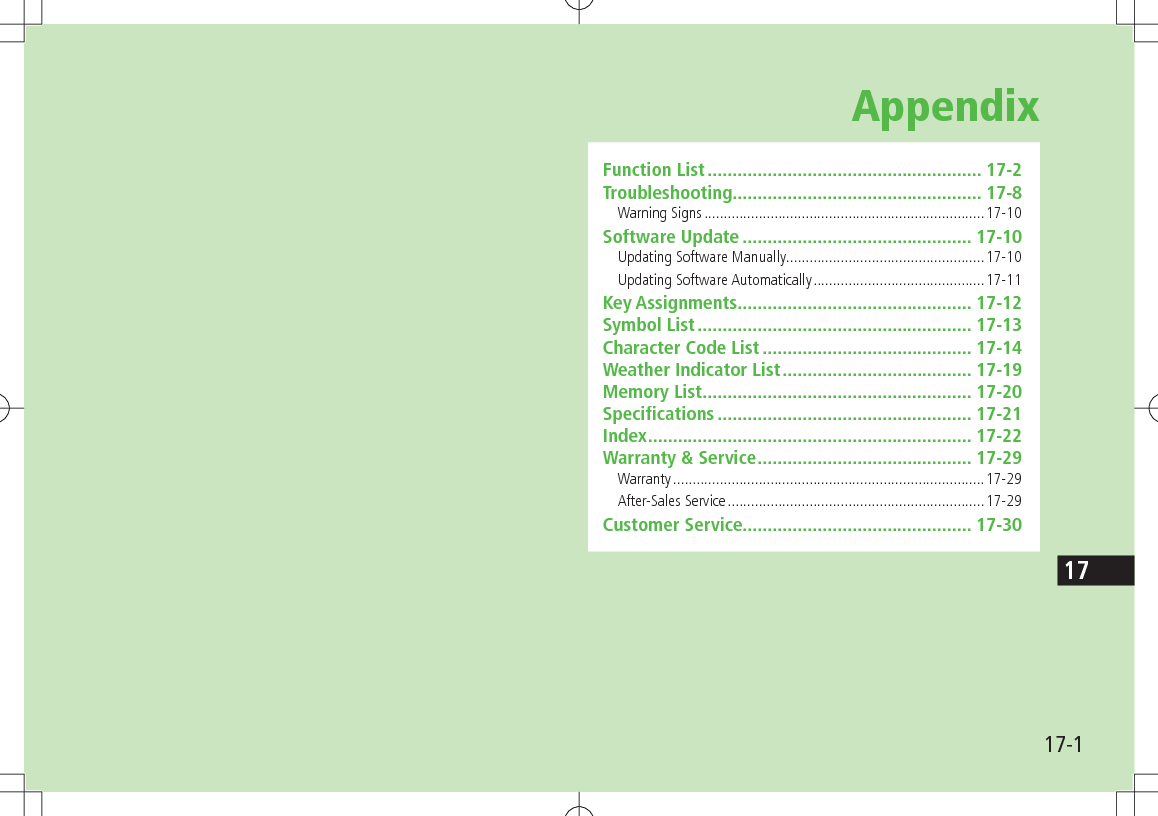 17-117AppendixFunction List ....................................................... 17-2Troubleshooting .................................................. 17-8Warning Signs ........................................................................17-10Software Update .............................................. 17-10Updating Software Manually ...................................................17-10Updating Software Automatically ............................................17-11Key Assignments ............................................... 17-12Symbol List ....................................................... 17-13Character Code List .......................................... 17-14Weather Indicator List ...................................... 17-19Memory List ...................................................... 17-20Specifications ................................................... 17-21Index ................................................................. 17-22Warranty & Service ........................................... 17-29Warranty ................................................................................17-29After-Sales Service ..................................................................17-29Customer Service.............................................. 17-30