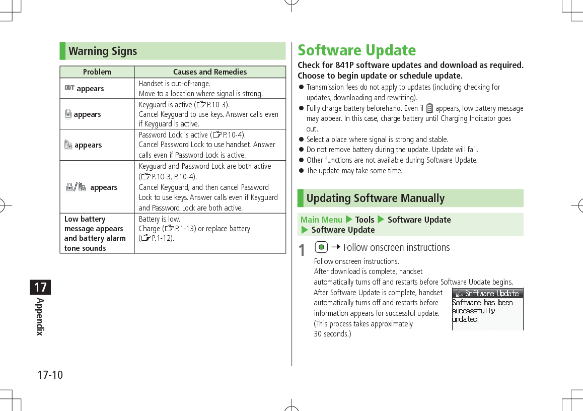 17-10Appendix17Warning SignsProblem Causes and Remedies appears Handset is out-of-range.Move to a location where signal is strong. appearsKeyguard is active (ZP.10-3).Cancel Keyguard to use keys. Answer calls even if Keyguard is active. appearsPassword Lock is active (ZP.10-4).Cancel Password Lock to use handset. Answer calls even if Password Lock is active. appearsKeyguard and Password Lock are both active (ZP.10-3, P.10-4).Cancel Keyguard, and then cancel Password Lock to use keys. Answer calls even if Keyguard and Password Lock are both active.Low battery message appears and battery alarm tone soundsBattery is low.Charge (ZP.1-13) or replace battery (ZP.1-12).Software UpdateCheck for 841P software updates and download as required. Choose to begin update or schedule update. Transmission fees do not apply to updates (including checking for updates, downloading and rewriting). Fully charge battery beforehand. Even if appears, low battery message may appear. In this case, charge battery until Charging Indicator goes out. Select a place where signal is strong and stable. Do not remove battery during the update. Update will fail. Other functions are not available during Software Update. The update may take some time.Updating Software ManuallyMain Menu 4 Tools 4 Software Update 4 Software Update1 7 Follow onscreen instructionsFollow onscreen instructions.After download is complete, handset automatically turns off and restarts before Software Update begins.After Software Update is complete, handset automatically turns off and restarts before information appears for successful update. (This process takes approximately 30 seconds.)